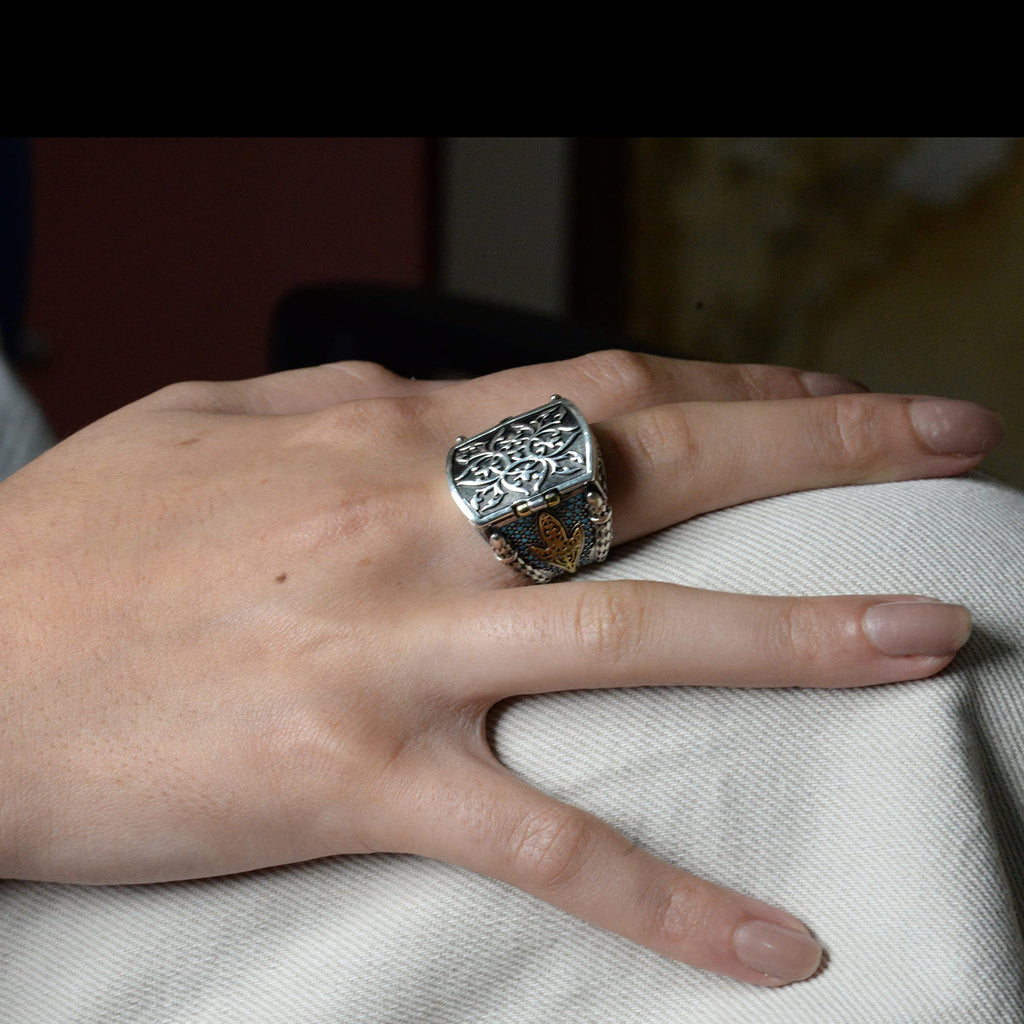 925 Sterling Silver Men's Box Ring with Turquoise Stones — 7