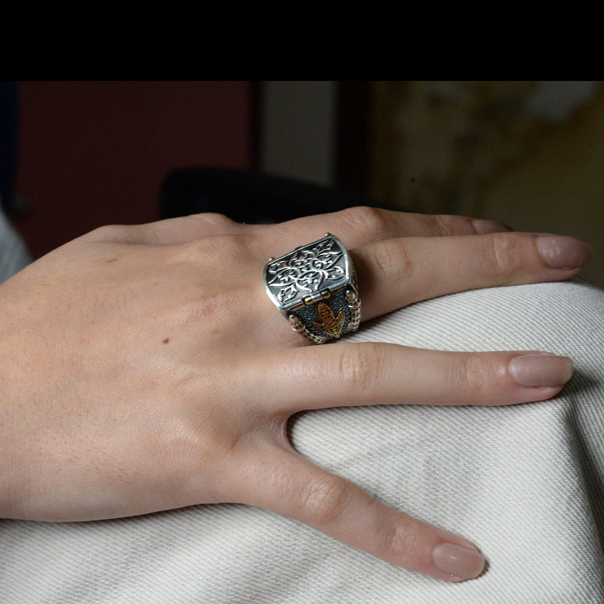 925 Sterling Silver Men's Box Ring with Turquoise Stones — 7