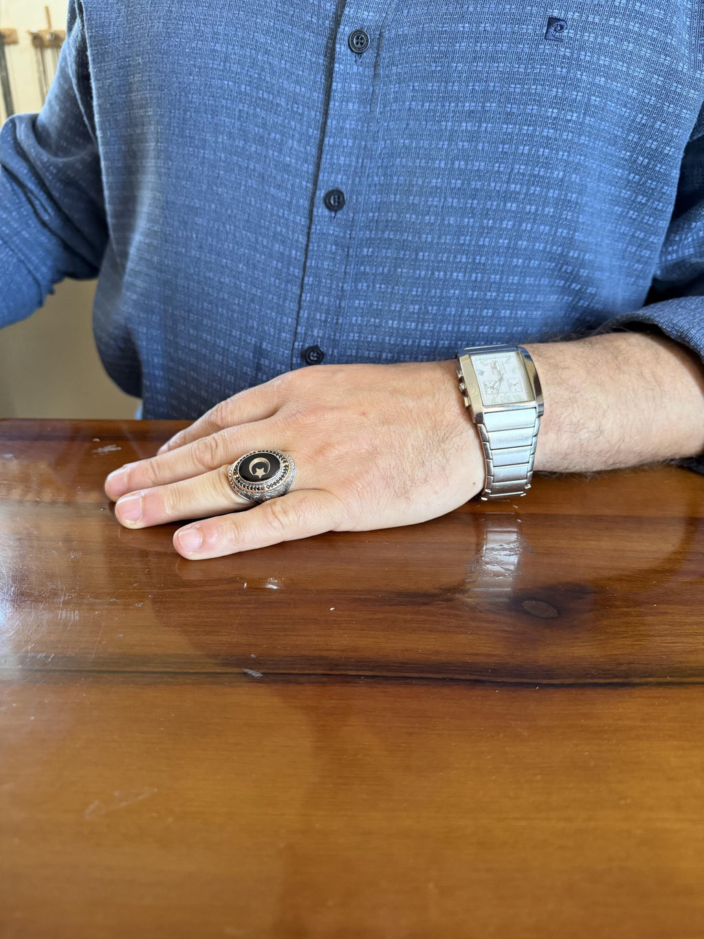 Men's Natural Stone Large Ring – Oval Stone Vintage Byzantine Engraved Statement Ring - Antique Filigree 925 Sterling Silver Jewelry (Turkish Crescent Star Onyx) — 3