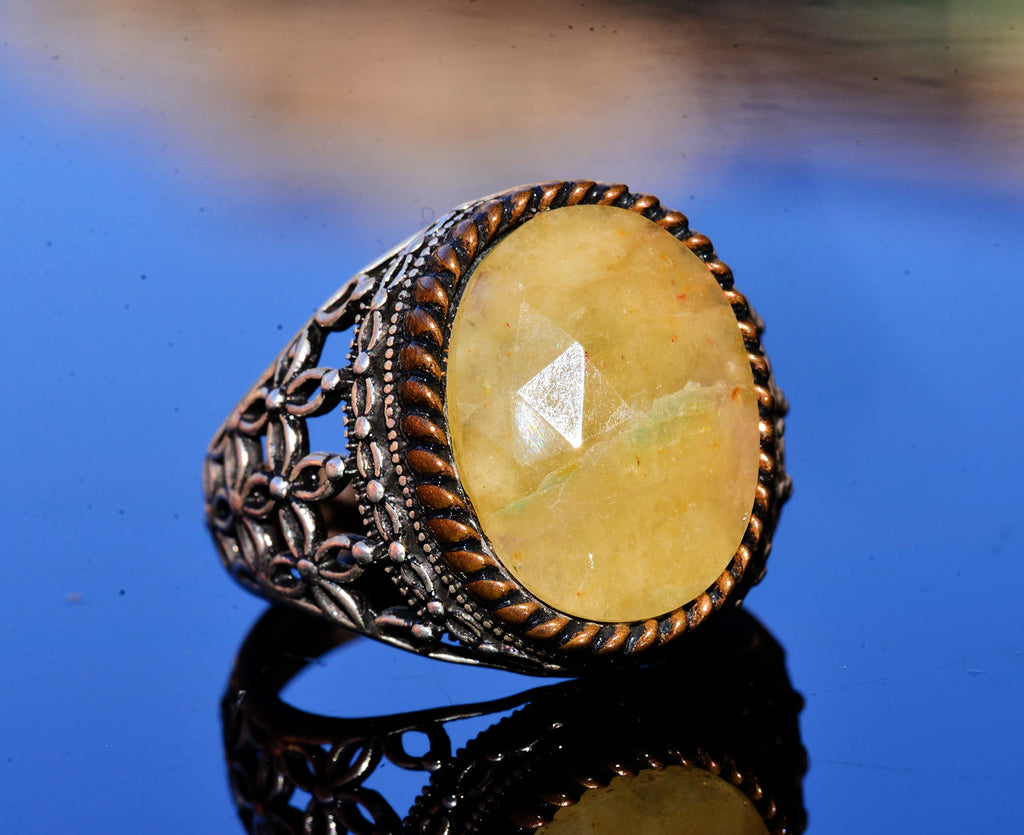 KAMBO Handmade Men's Minimalist Yellow Sapphire Ring 9.05 Carat, 925 Sterling Silver, Natural Gemstone Statement Jewelry