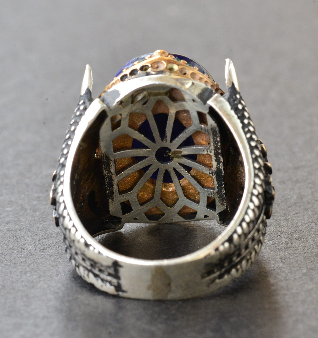 Natural Cabochon Sapphire Stone Men's Ring, 925 Sterling Silver Eagle Claw Design — 8
