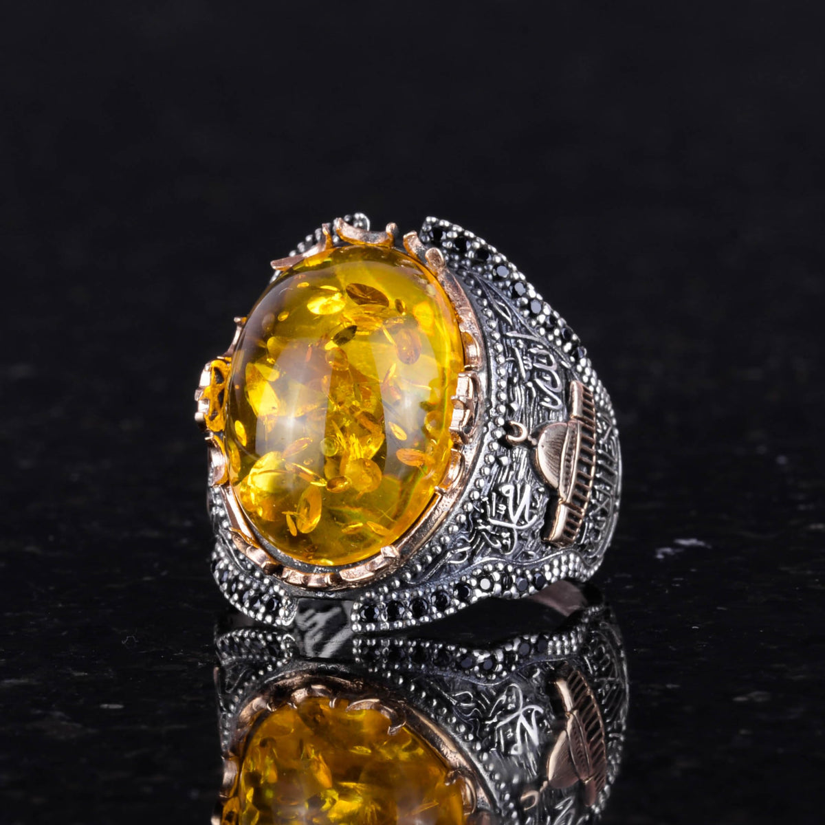 925 Sterling Silver Men's Ring, Ring with Synthetic Honey Amber Stone — 4