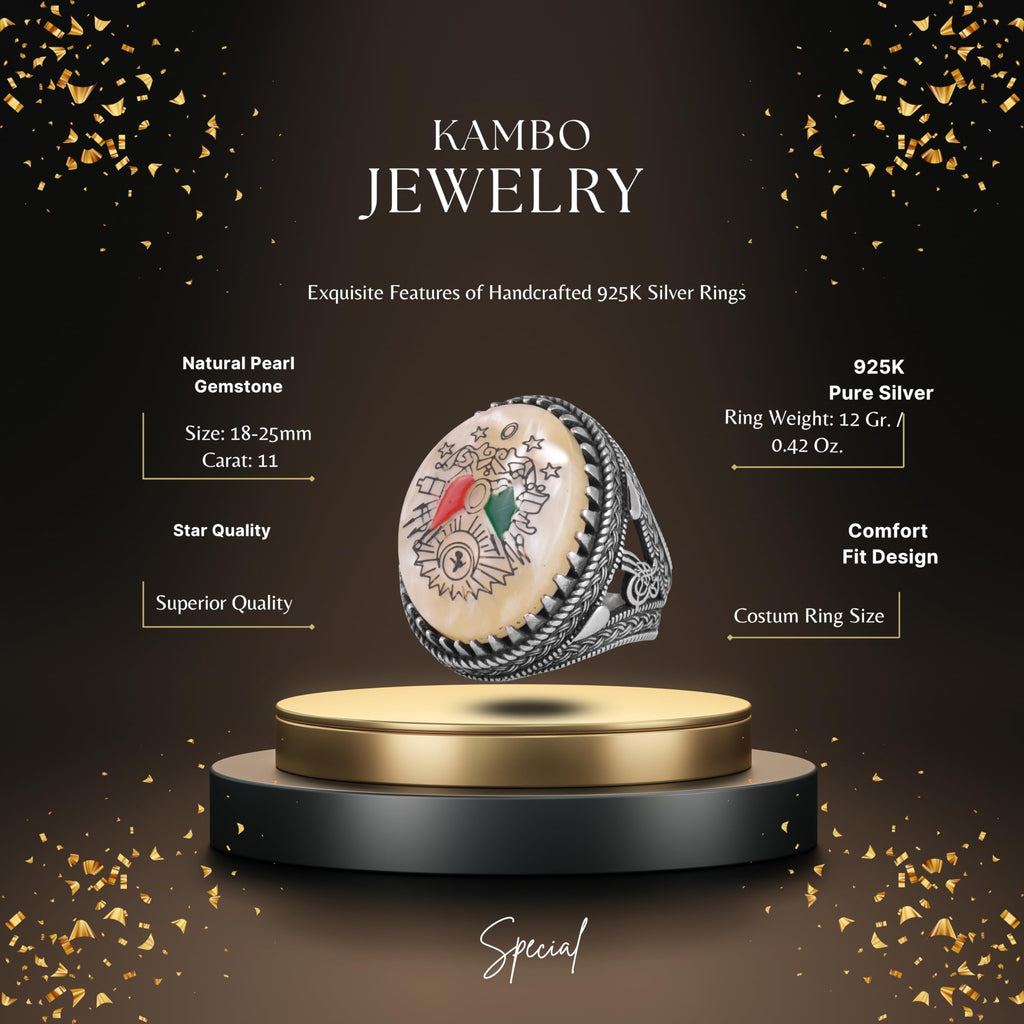 KAMBO Natural Pearl Stone Ottoman Crest Men's Ring 925 Sterling Silver Tugra Motif Handmade Heritage Ring — 2