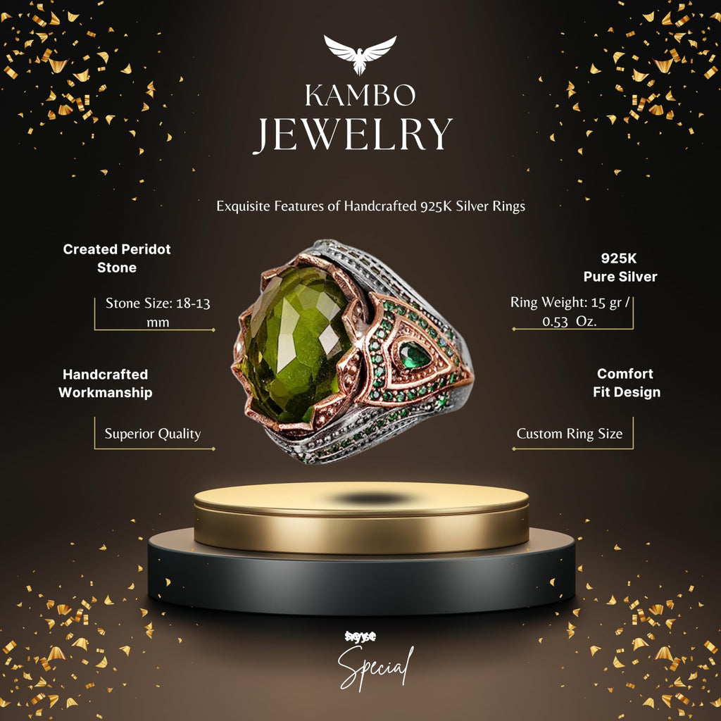 925 Sterling Silver Men's Ring - Set with Peridot Stone — 2