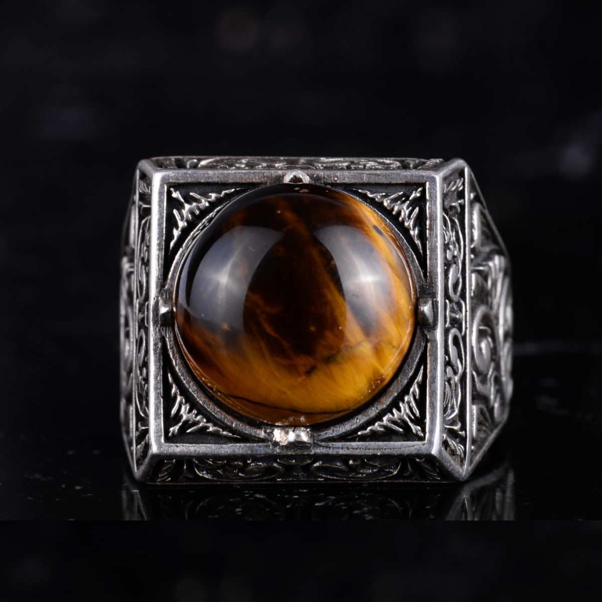 KAMBO Natural Round Stone Square Men's Ring 925 Sterling Silver – Ottoman Pattern Handmade Stone Ring (Tiger's Eye) — 4