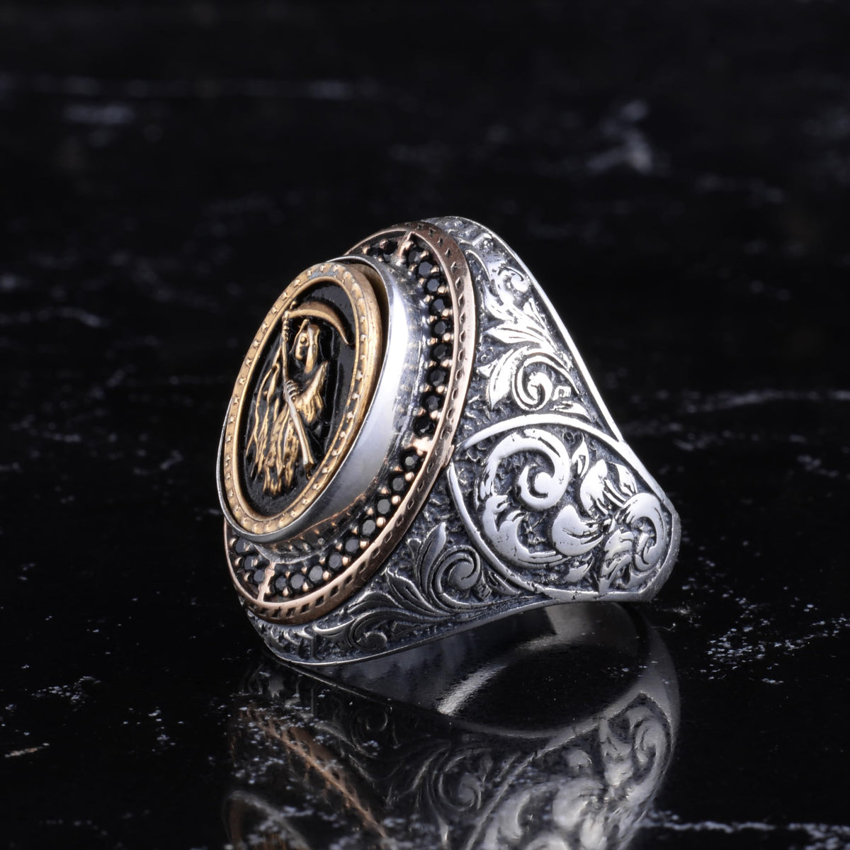 KAMBO Symbolic Men's Ring 925 Sterling Silver Gold Plated - Azrael Death Angel Large Ring - Azrael Motif Men's Statement Jewelry — 4