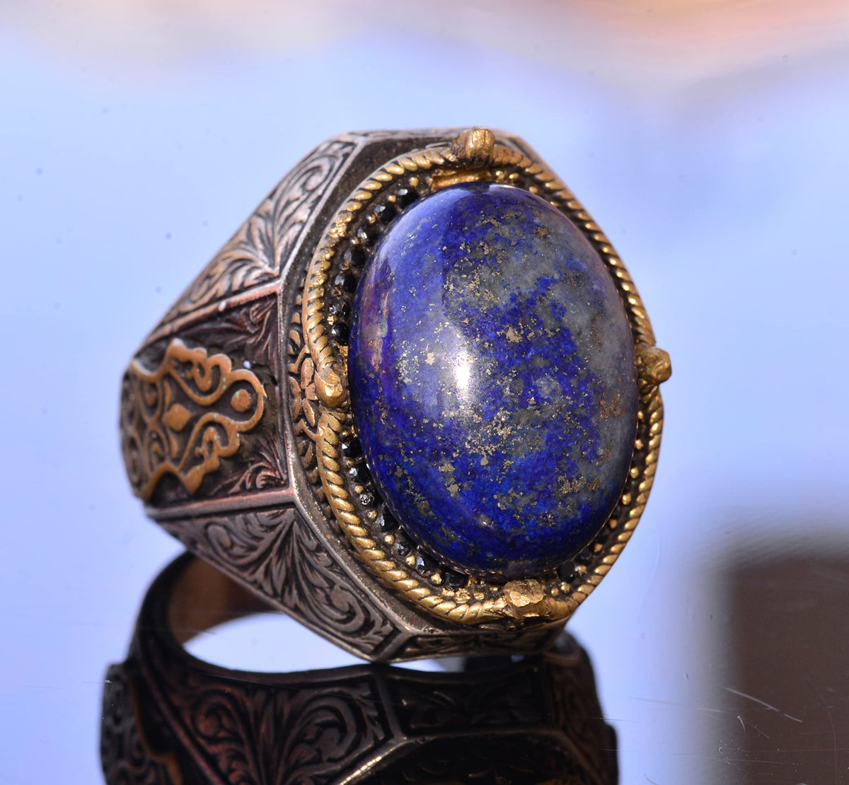 Handmade Vintage Design Emerald Ring - 925 Sterling Silver Men's Ring with Gold Parts (Lapis Lazuli) — 3