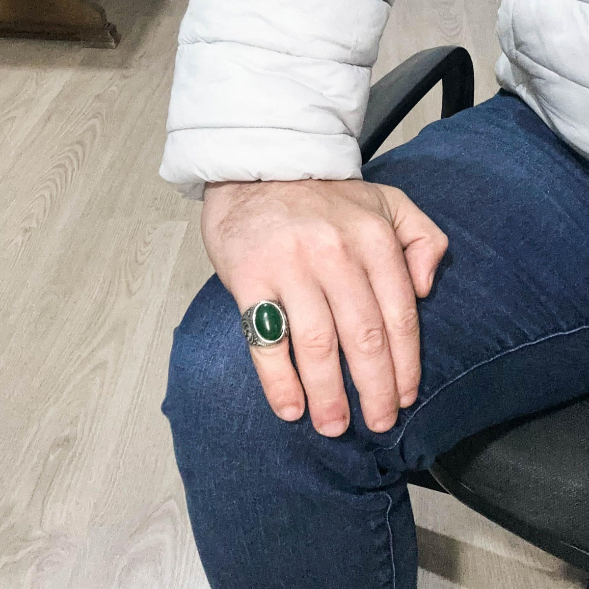 Handmade Natural Jade Stone Ring - 925 Sterling Silver Men's Ring - Harmony and Abundance Design — 3