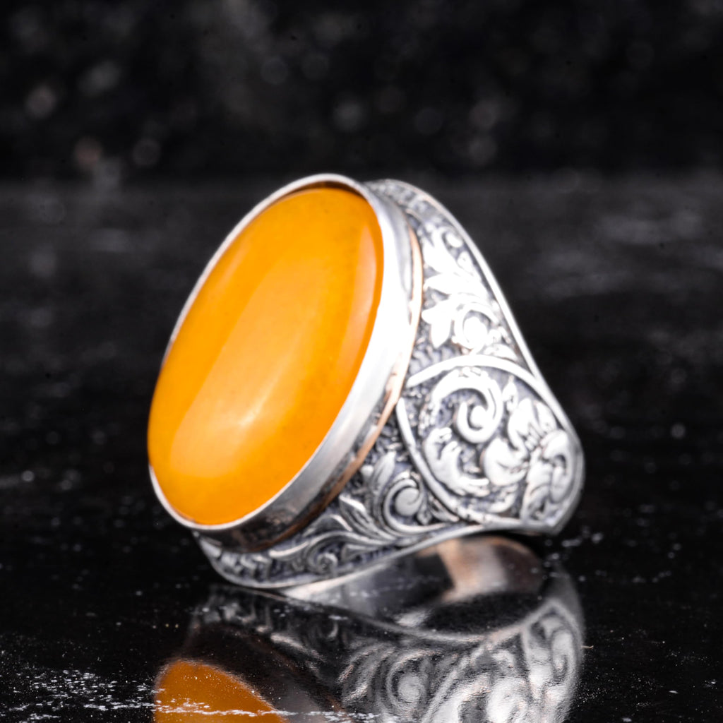 KAMBO Natural Stone Large Men's Ring - Oval Stone Vintage Floral Engraved Statement Ring - 925 Sterling Silver Handmade Men's Jewelry (Yellow Agate) — 6