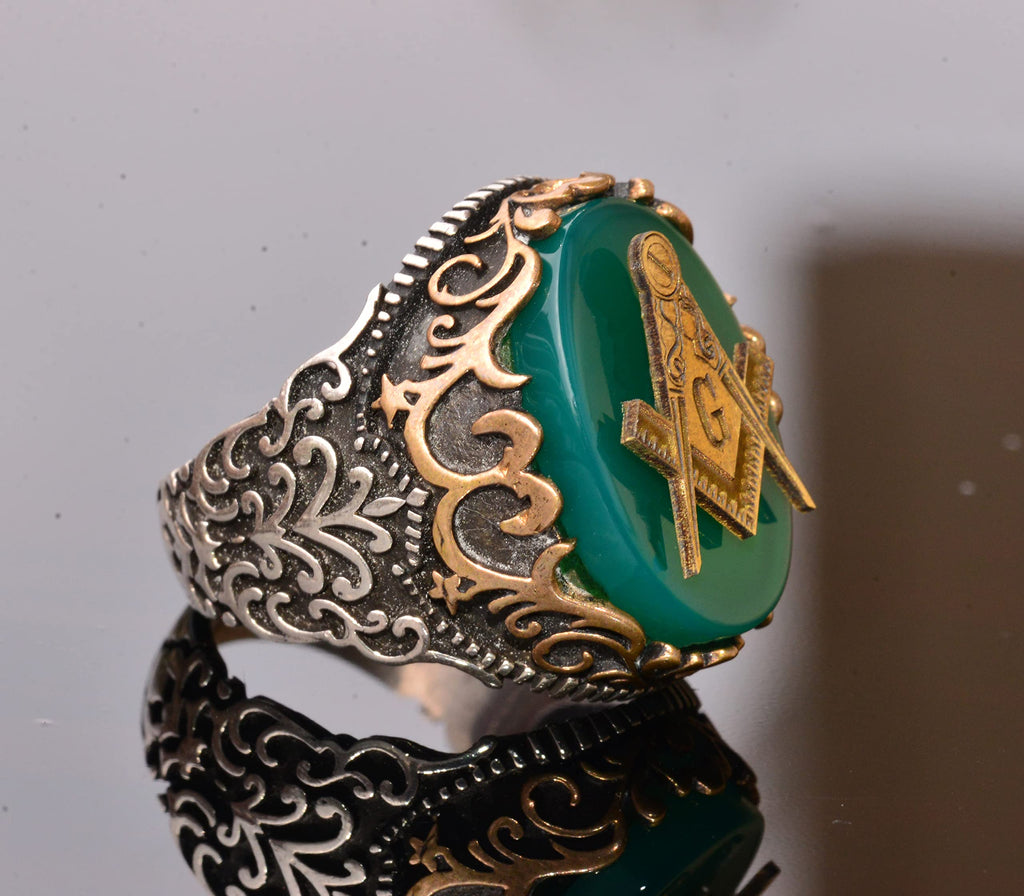 925 Sterling Silver Men's Ring - Symbolic Ring - Green Agate Stone Ring (Masonic) — 4