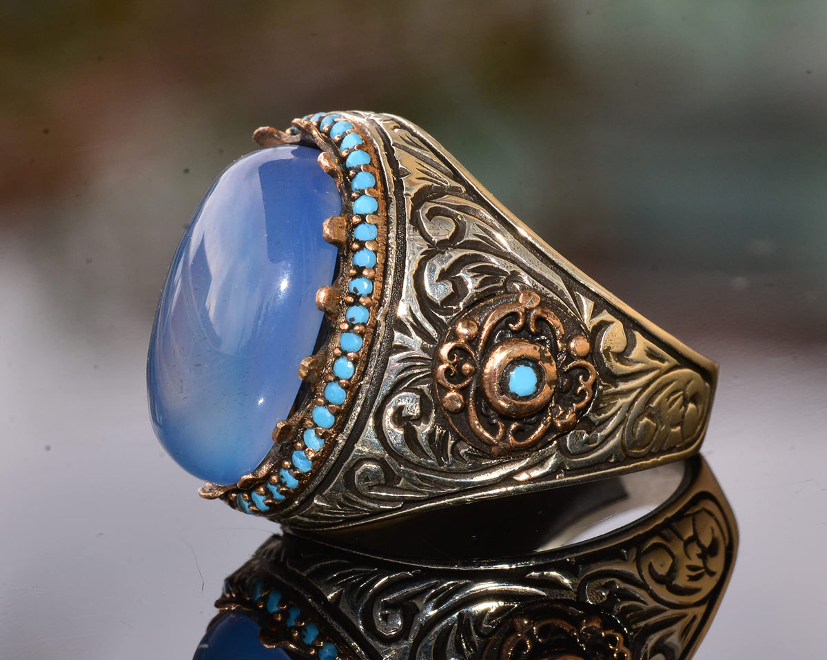 Natural Agate Stone Men's Silver Ring — 4