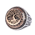 KAMBO Symbol Ring for Men 925 Sterling Silver Round Ring with Bronze Detail Handmade Ottoman Style Statement Jewelry (Tree of Life)