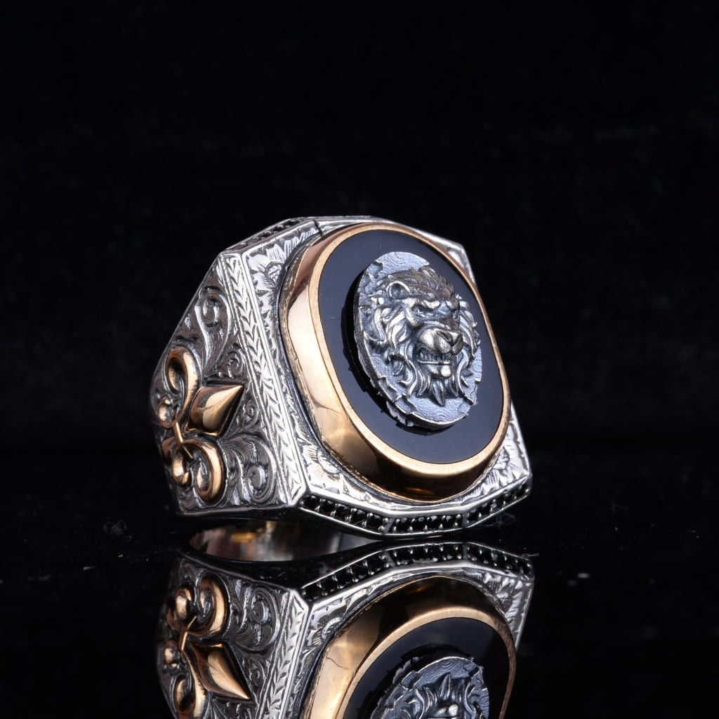 Black Patterned Stone Men's Large Ring – 925 Sterling Silver Design Vintage Statement Face (Model-3) — 6