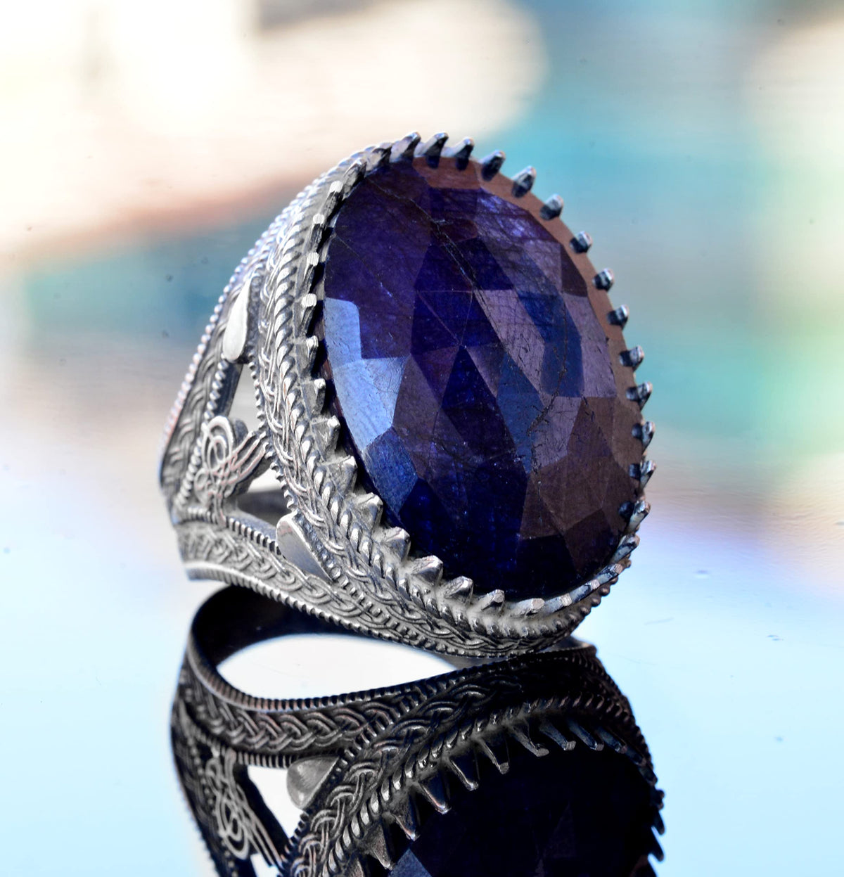 Handmade Natural Stone Ring, 925 Sterling Silver Men's Ring - Showy Design (Blue Sapphire) — 3
