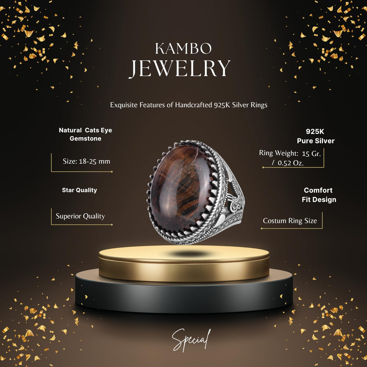 KAMBO Men's Natural Stone Ring – 925 Sterling Silver Large Statement Ring – Handmade Ottoman Pattern Jewelry (Cat's Eye) — 2
