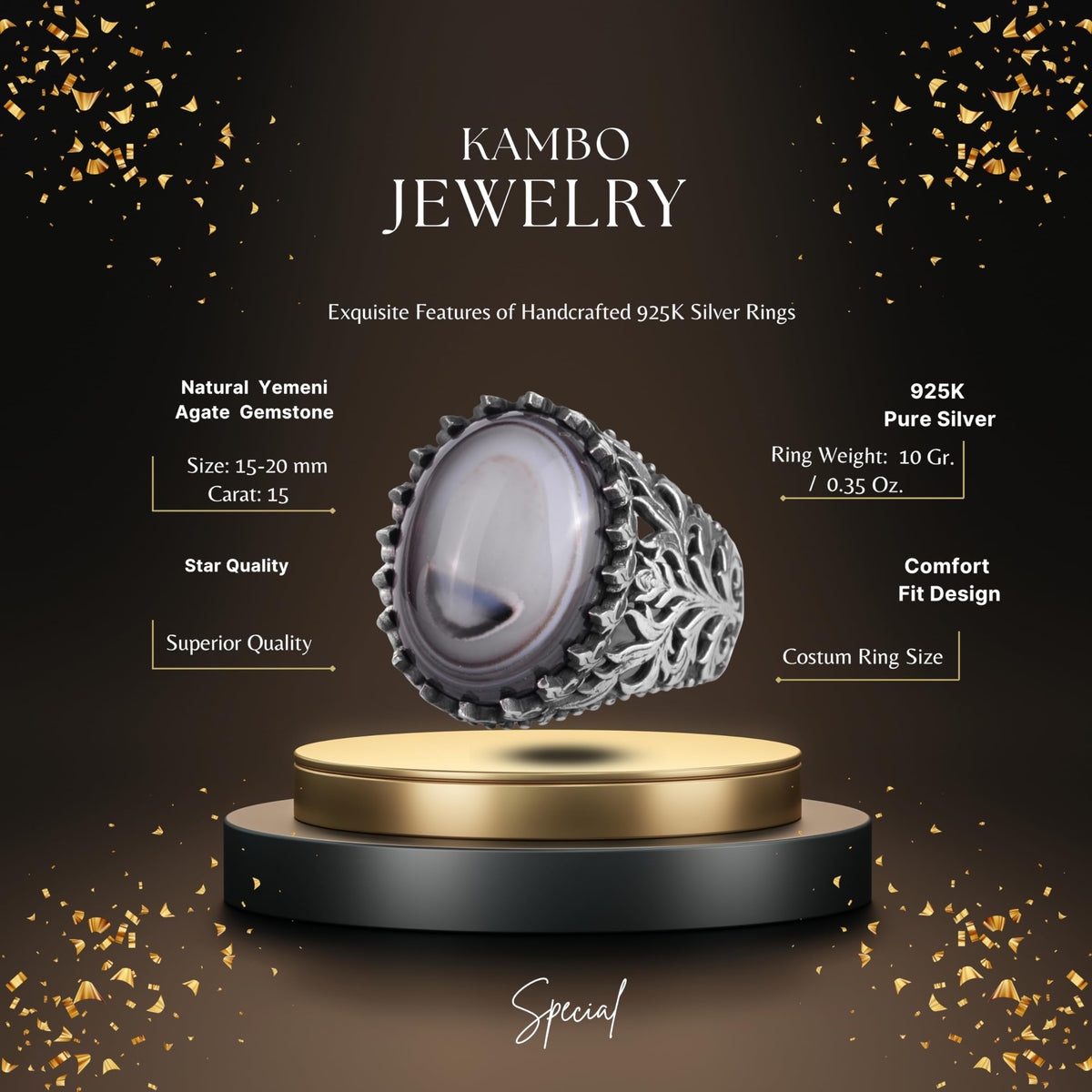 KAMBO Natural Yemen Agate Stone Ring – 925 Sterling Silver Decorative Men's Ring – Handmade Vintage Statement Ring (Yemen Agate-9) — 2