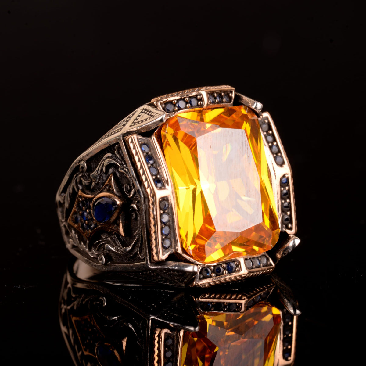 925 Sterling Silver Men's Ring, Oval Stone Ring, Synthetic Citrine Ring — 6