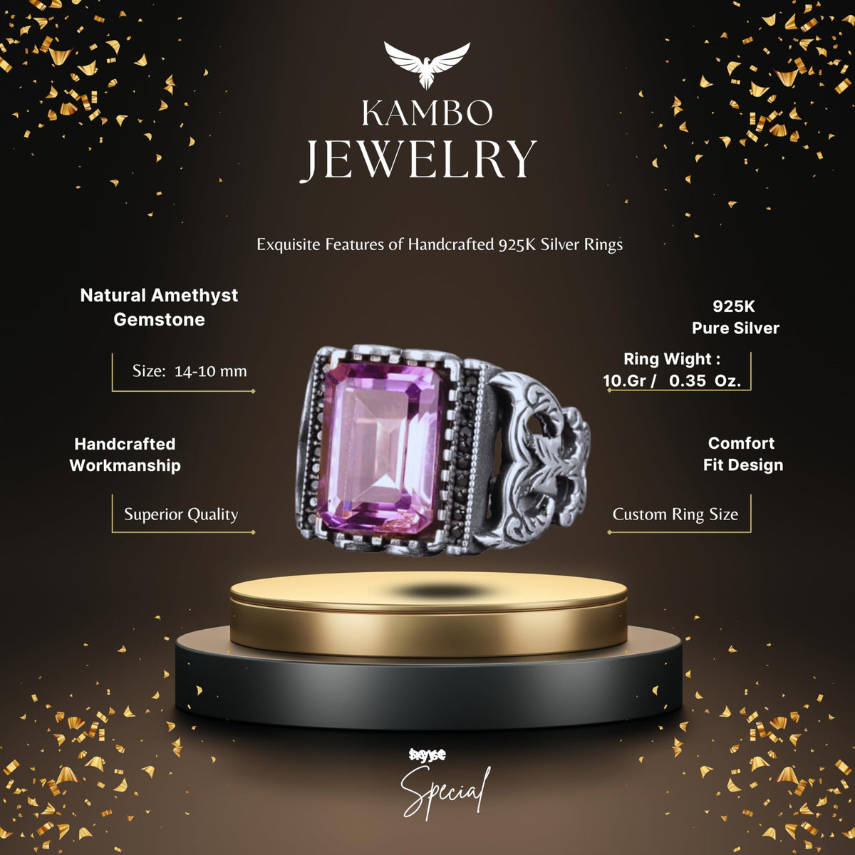Natural Amethyst Stone Ring, 925 Sterling Silver Men's Ring (Model-2) — 2