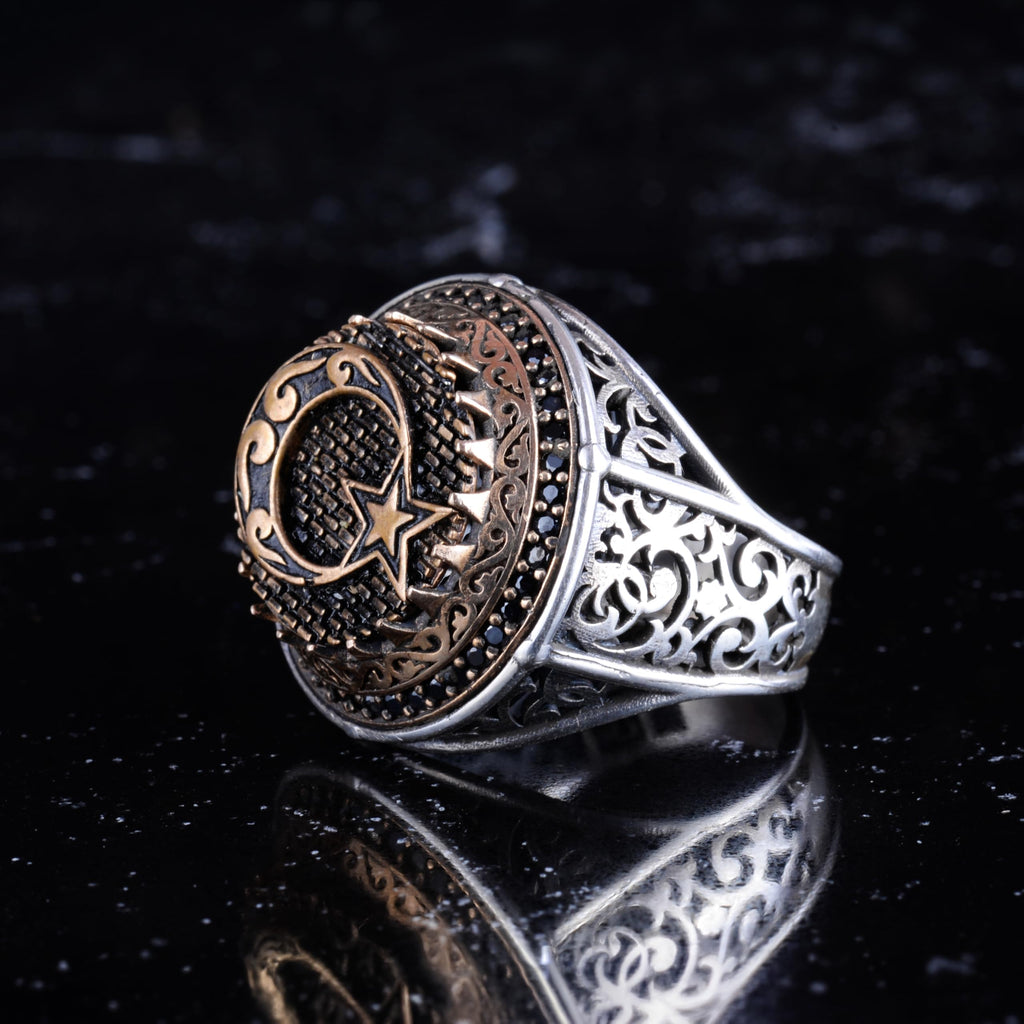 KAMBO Symbol Ring for Men 925 Sterling Silver Round Ring with Bronze Detail Handmade Ottoman Style Statement Jewelry (Crescent and Star) — 5
