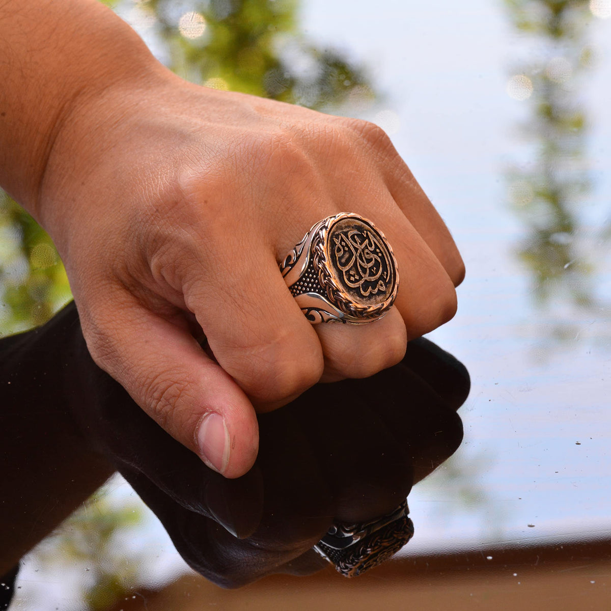 Handmade Silver Men's Ring | Bronze Inlay Elegant Writing | Bold and Stylish Islamic Ring — 7