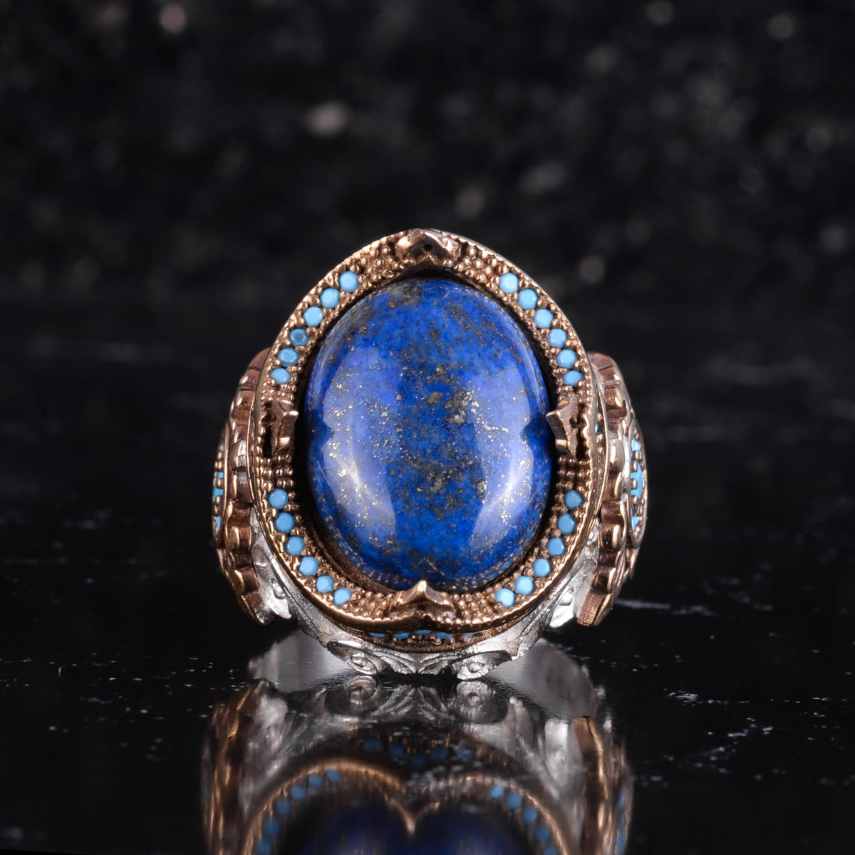 KAMBO Natural Stone Men's Ring – 925 Sterling Silver Bronze Detail Statement Ring – Handmade Ring (Lapis Lazuli) — 3