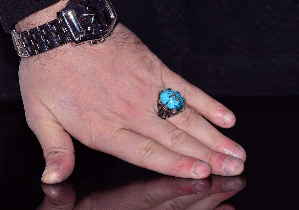 Silver Men's Ring - Arizona Turquoise Natural Stone - Hawk Claw Design (Model-1) — 6