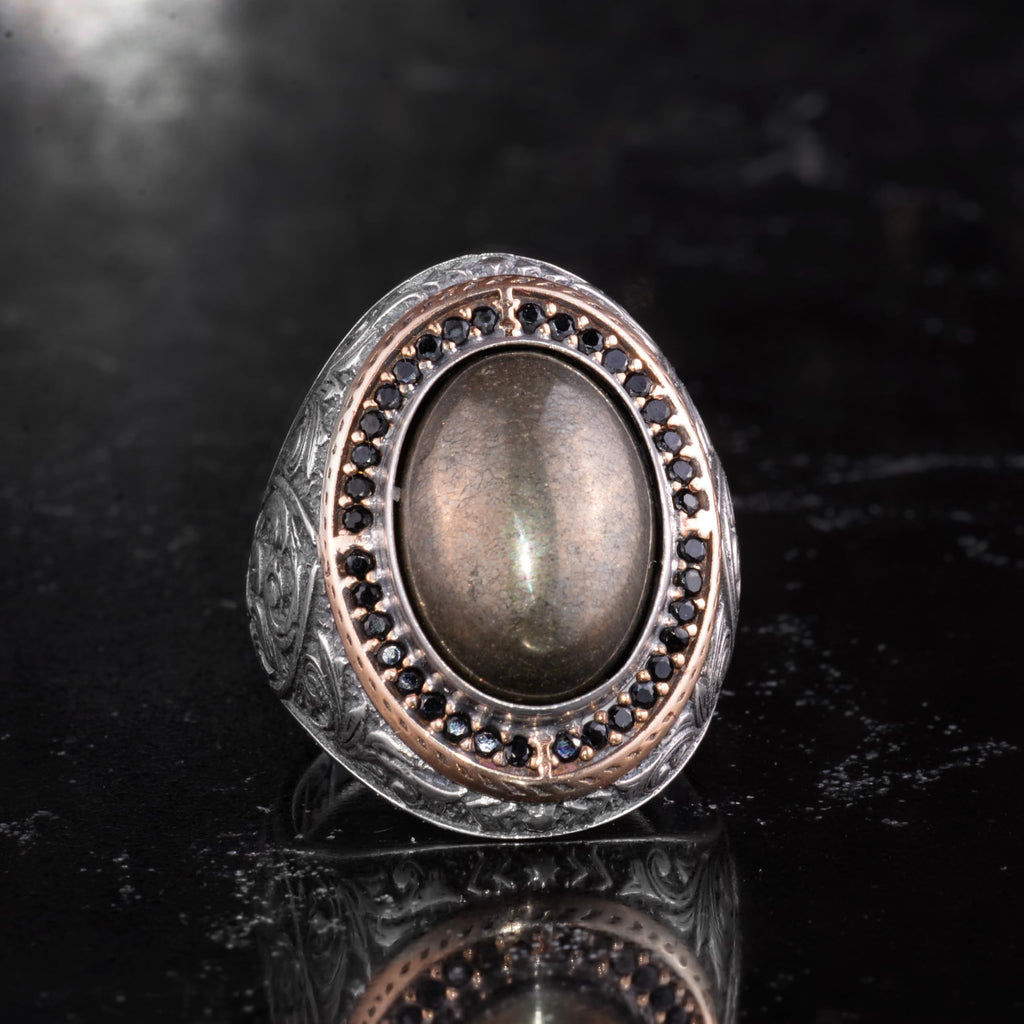 Men's Natural Stone Large Ring – Oval Stone Vintage Byzantine Engraved Statement Ring – Antique Filigree 925 Sterling Silver Jewelry (Pyrite) — 4