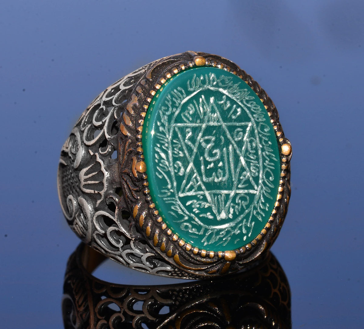 Handmade Solomon Seal Ring, Natural Green Onyx Stone, Islamic Men's Ring, 925 Sterling Silver — 3
