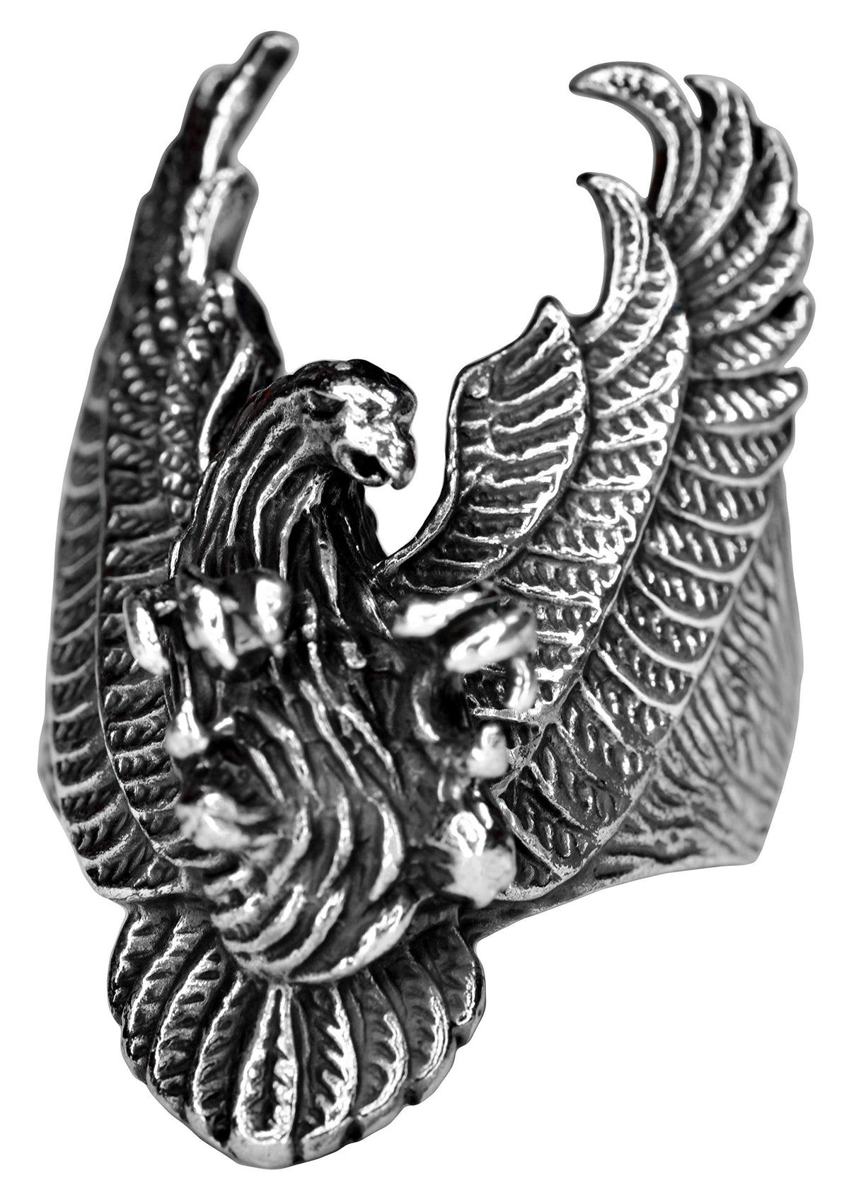 Large and Heavy Silver Biker Ring - Phoenix and Skull Design