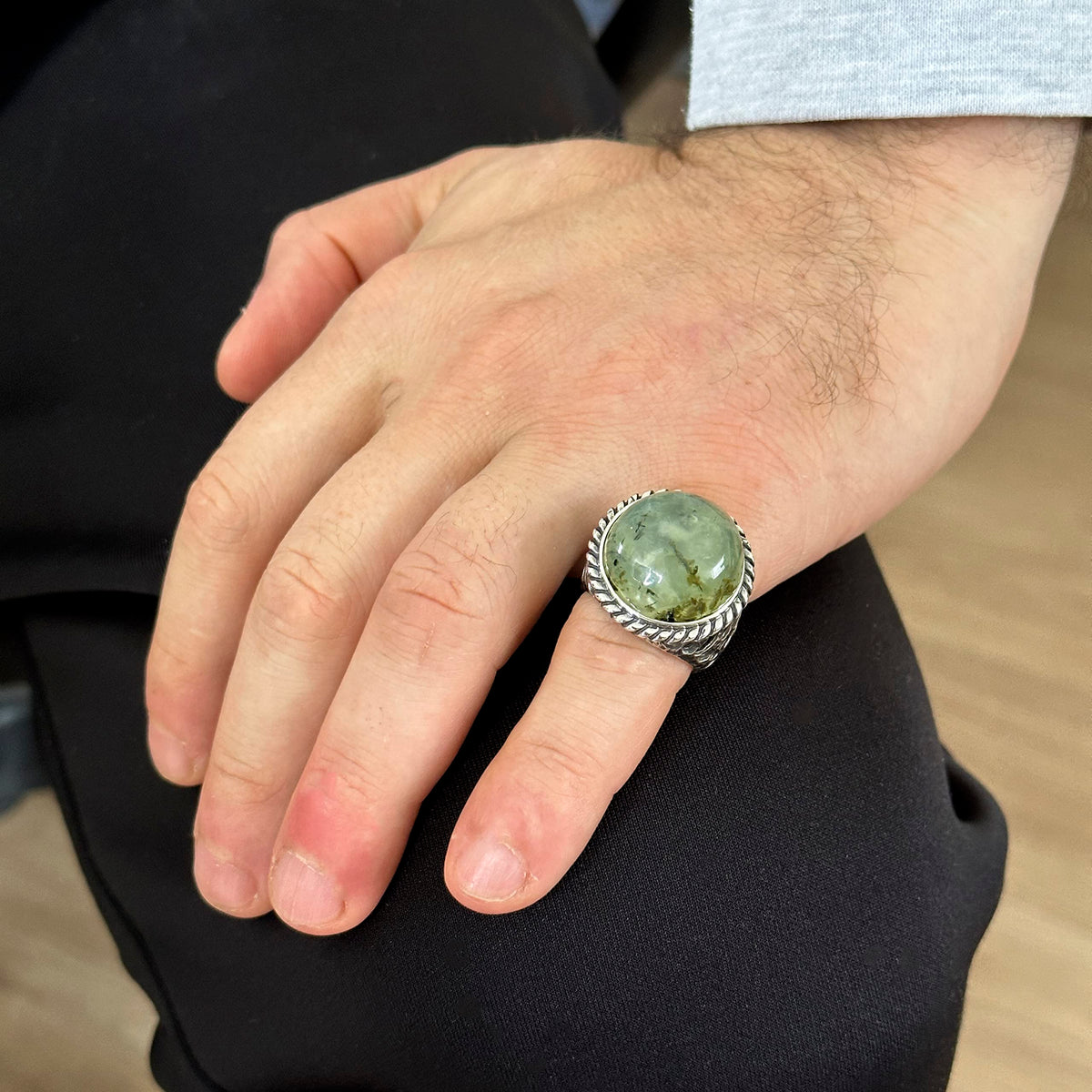 925 Sterling Silver Men's Ring, Natural Prehnite Stone, Texture Detailed Band, Green Prehnite Stone — 6