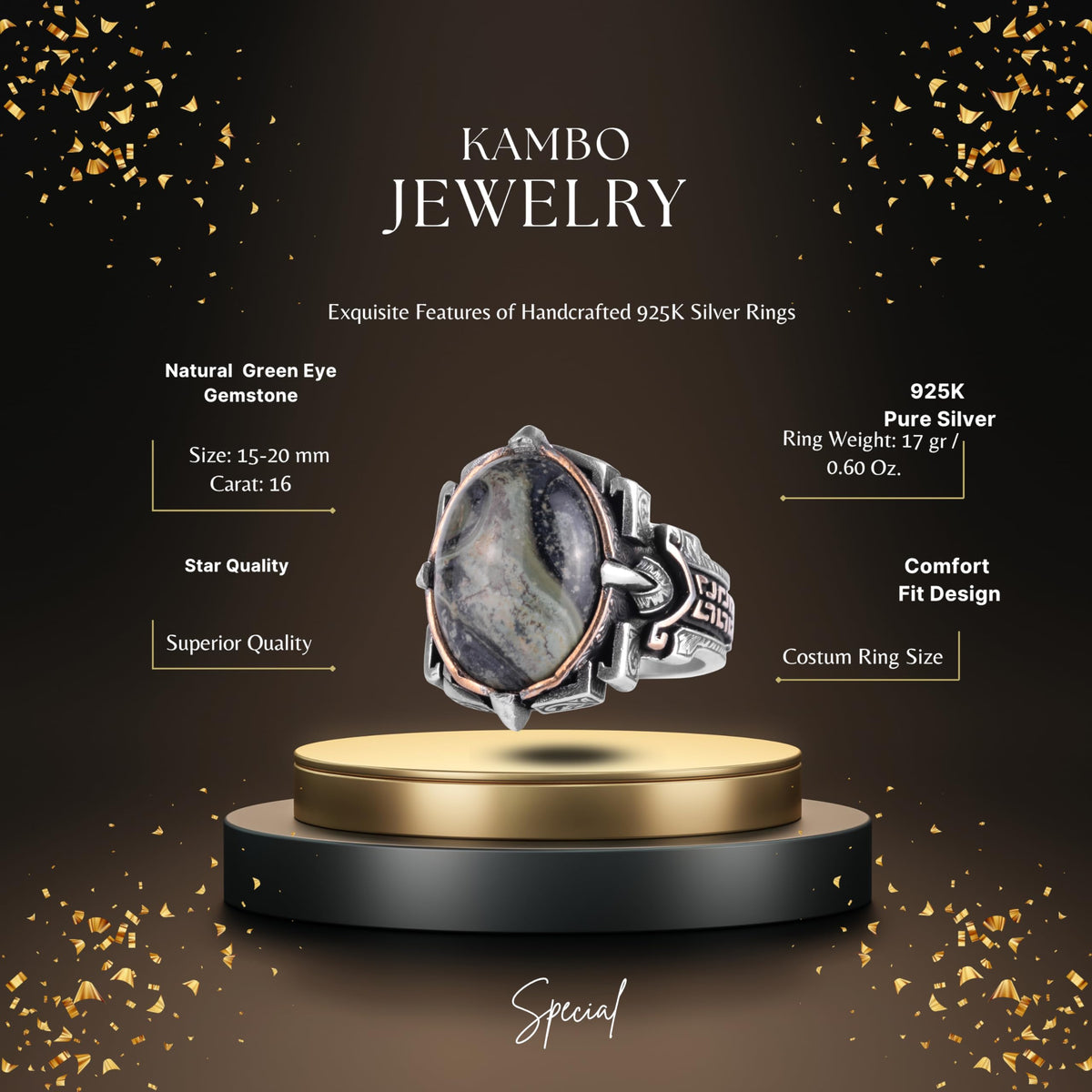 KAMBO Natural Stone Ring 925 Sterling Silver – Handmade Men's Statement Ring Healing Jewelry (Green Eye) — 2