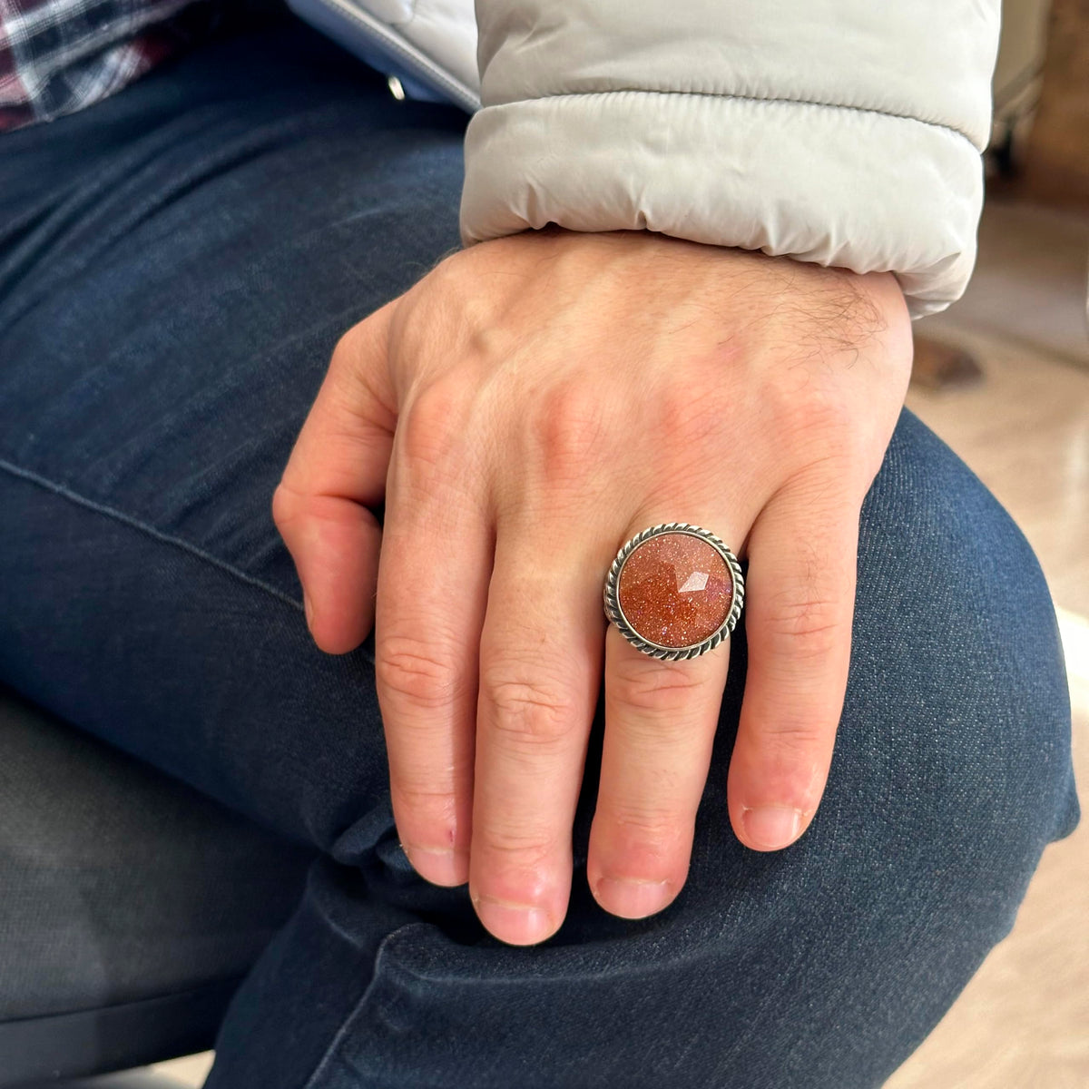 925 Sterling Silver Ring, Men's Ring, Synthetic Gold Star Stone Silver Ring — 3