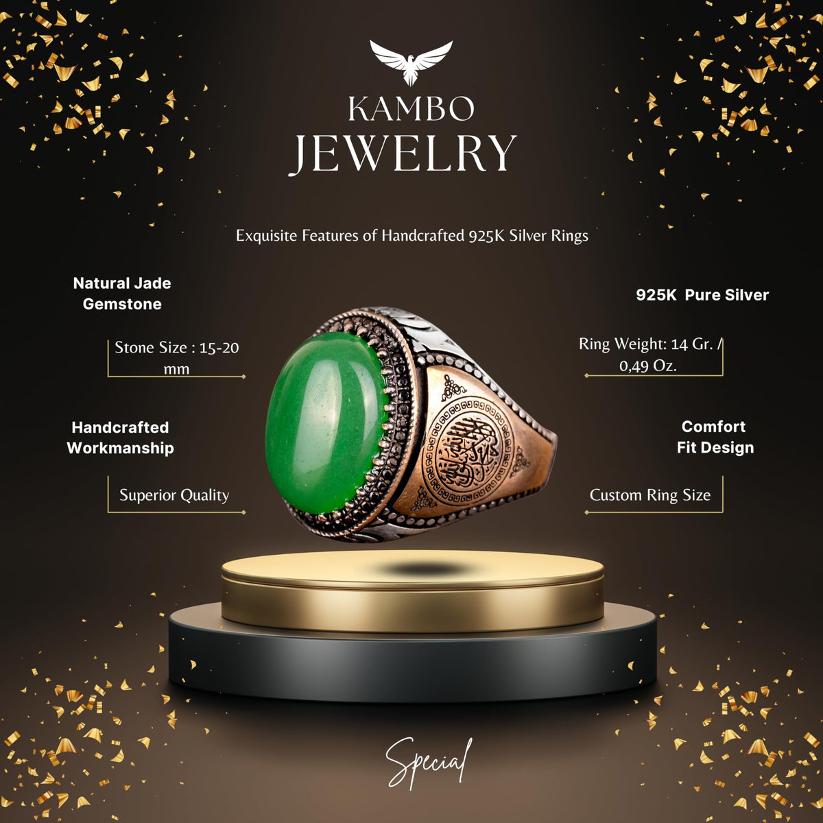 KAMBO Handmade 925 Sterling Silver Men's Ring with Natural Green Jade Gemstone, Islamic Vintage Design, Statement Jewelr