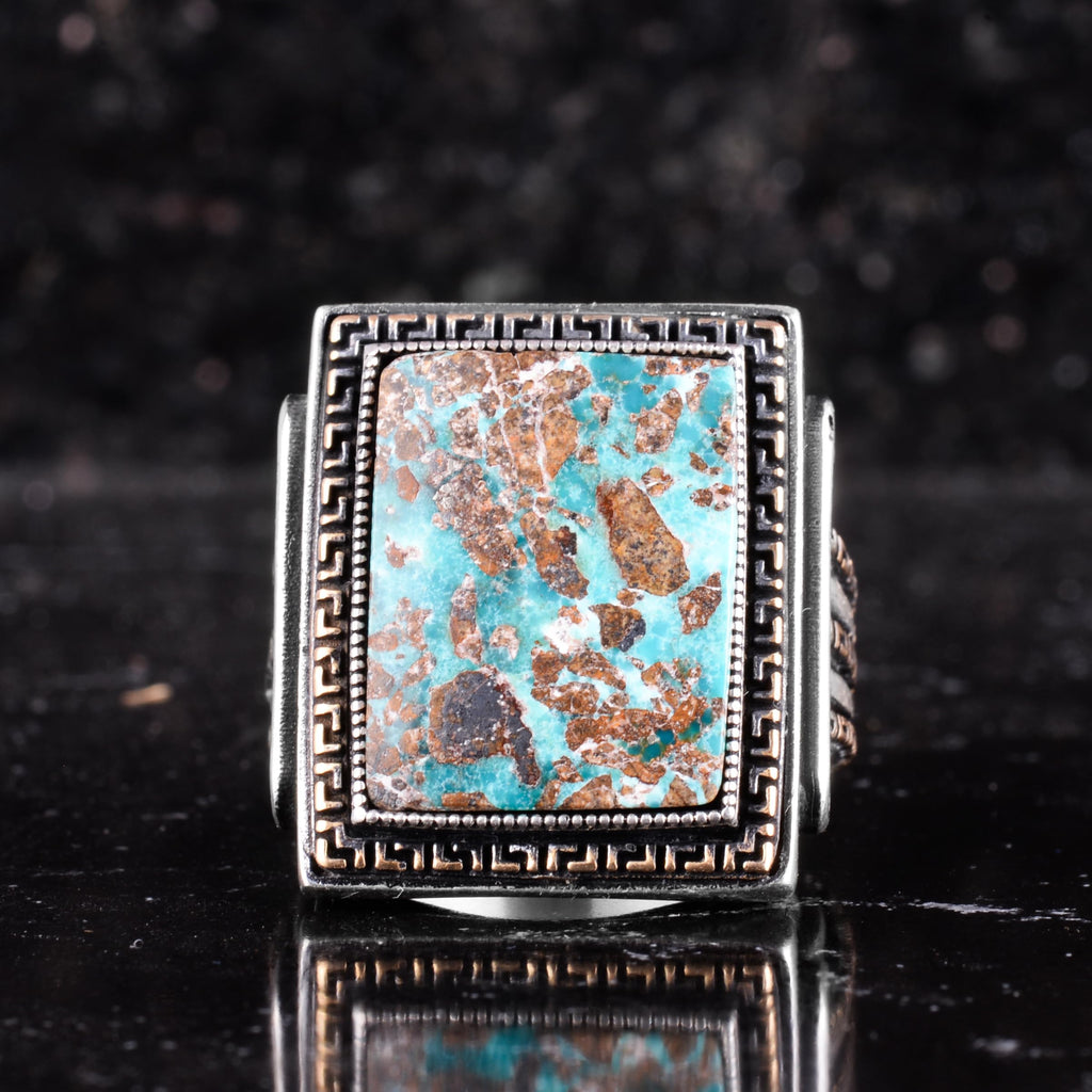 KAMBO Natural Turquoise Stone Large Ring for Men - 925 Sterling Silver Handmade Rectangular Statement Ring - Greek Pattern Vintage Jewelry — 4