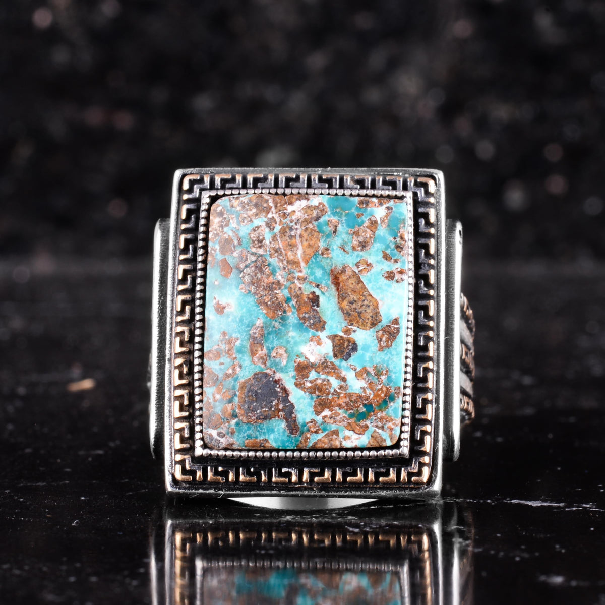 KAMBO Natural Turquoise Stone Large Ring for Men - 925 Sterling Silver Handmade Rectangular Statement Ring - Greek Pattern Vintage Jewelry — 4