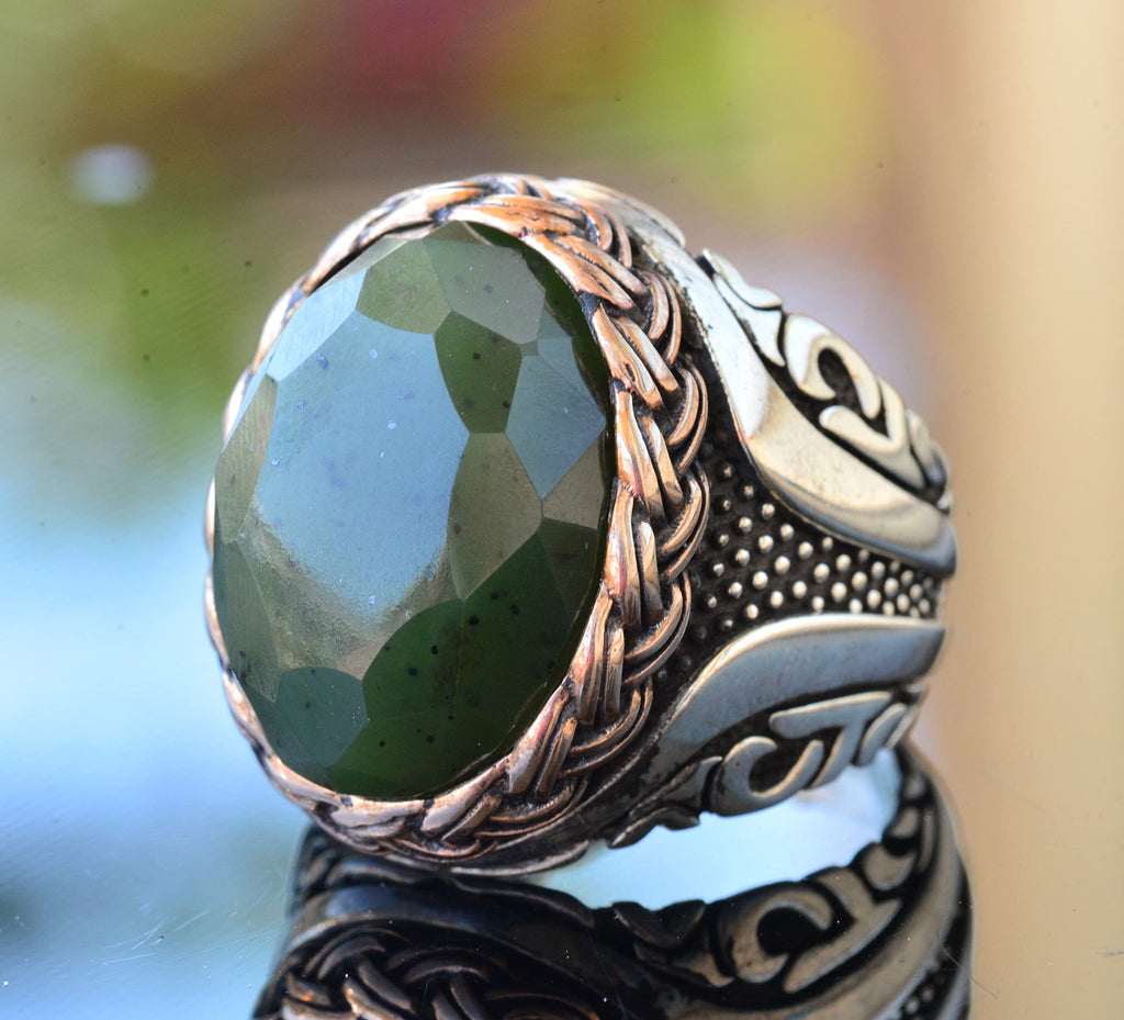 Natural Jade Stone Ring, 925 Sterling Silver Ring — 3