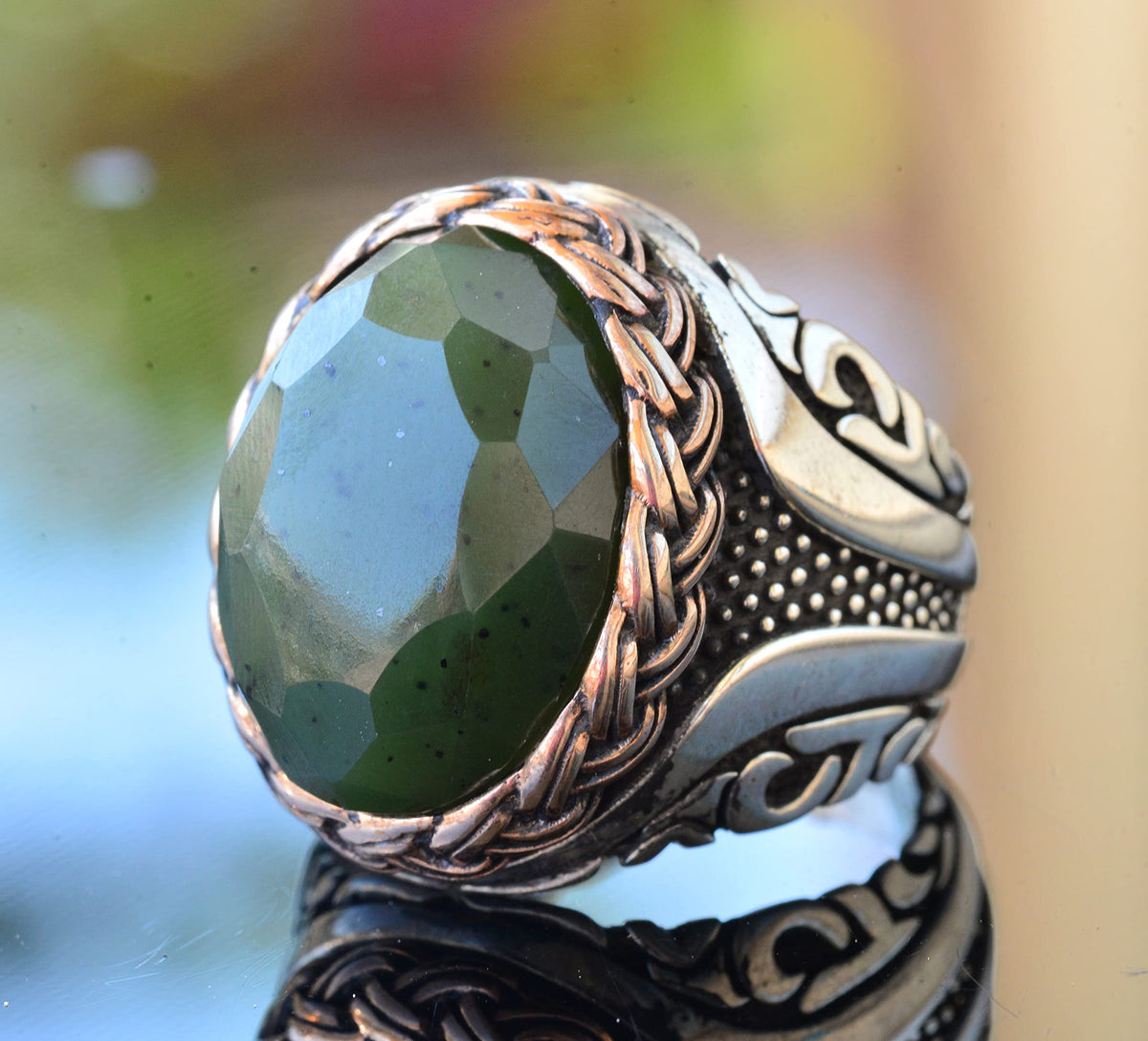 Natural Jade Stone Ring, 925 Sterling Silver Ring — 3