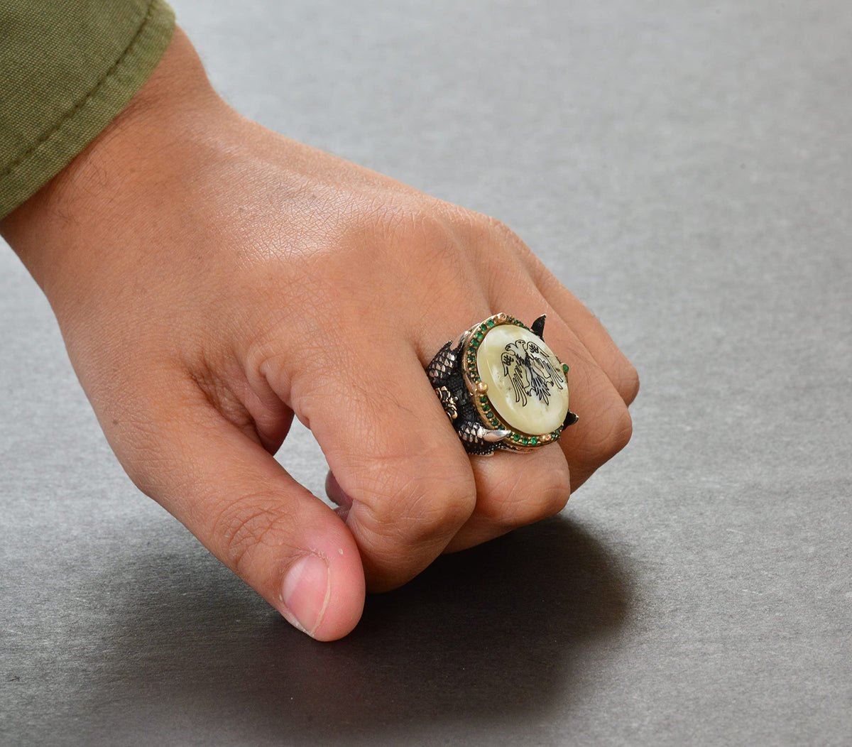 Silver Double-Headed Eagle Ring - Green Stones and Pearl — 7