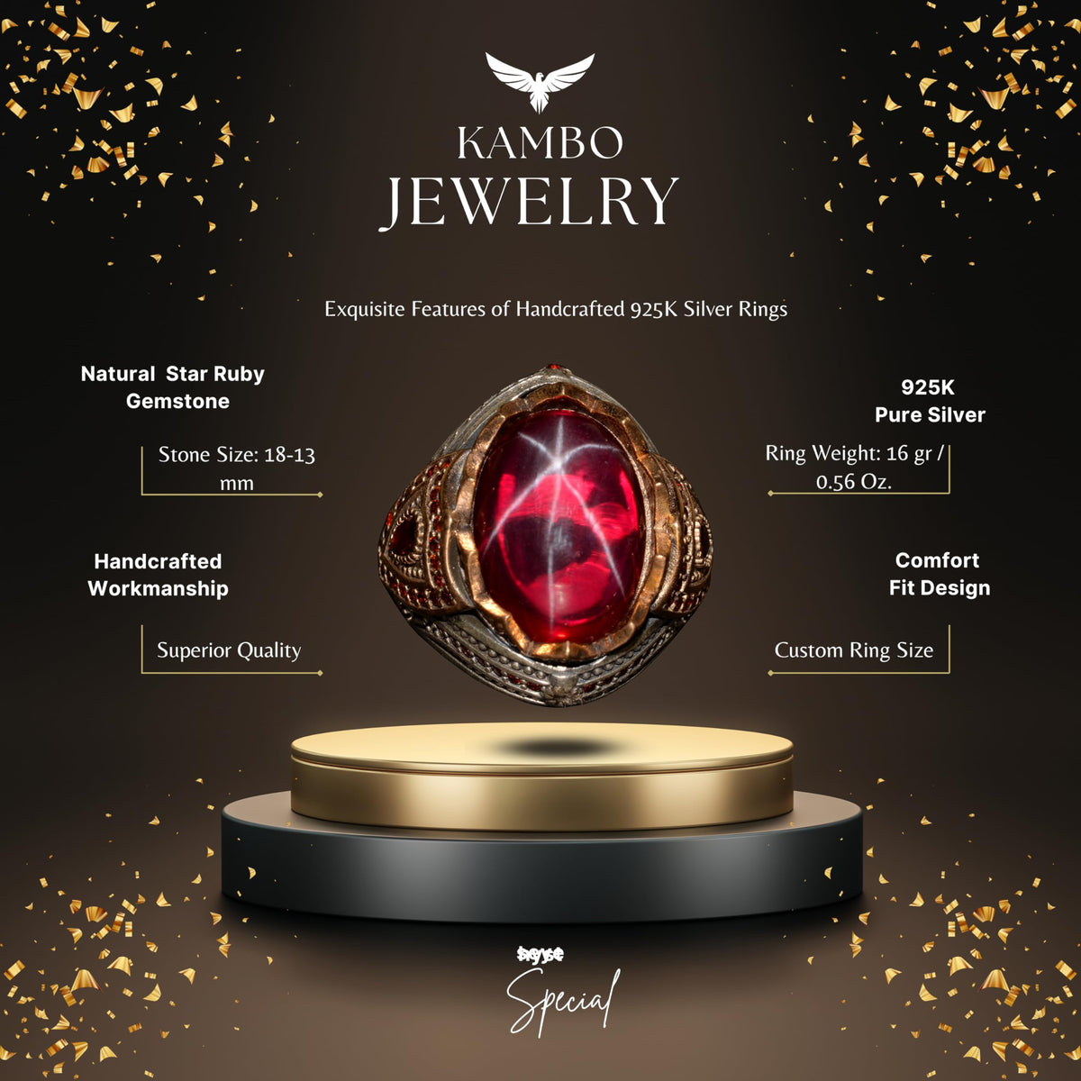 925 Sterling Silver Men's Ring, Handmade Design with Natural Star Ruby — 2