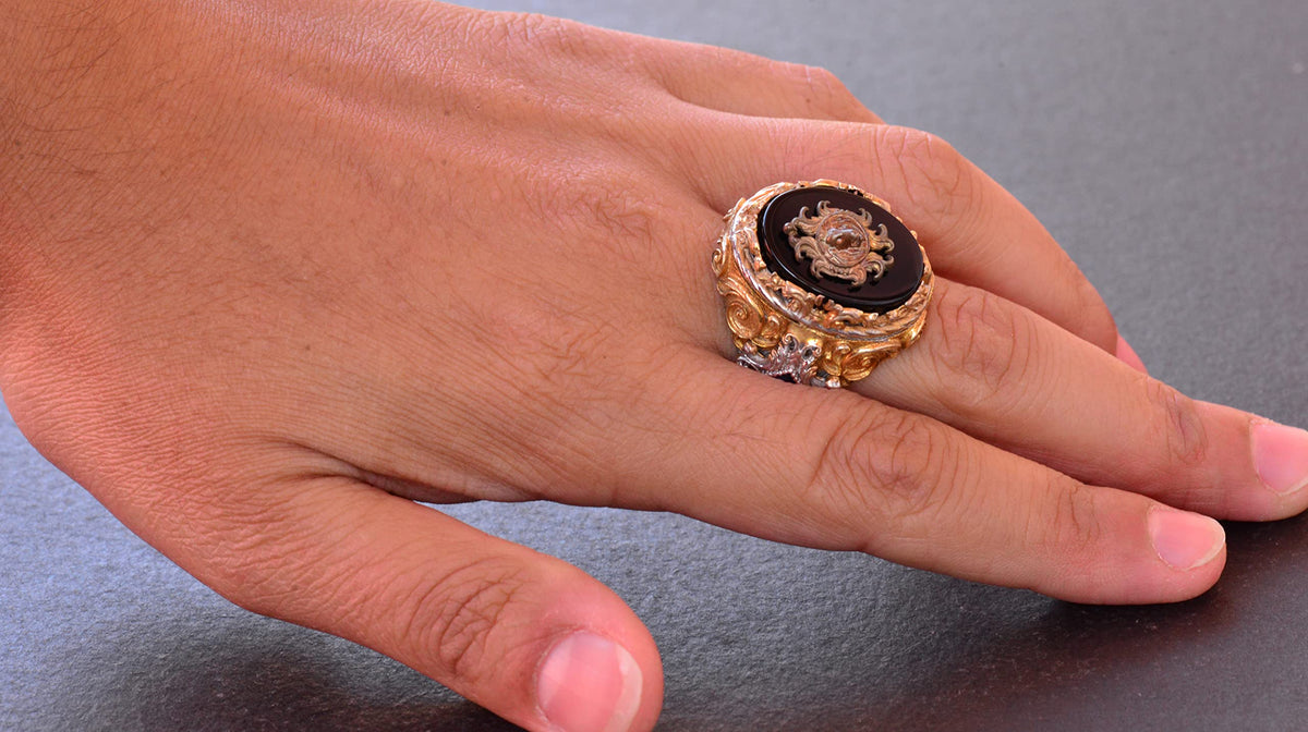 Handmade Onyx Ring - 925 Sterling Silver Men's Gold Plated Ring (Lion) — 6