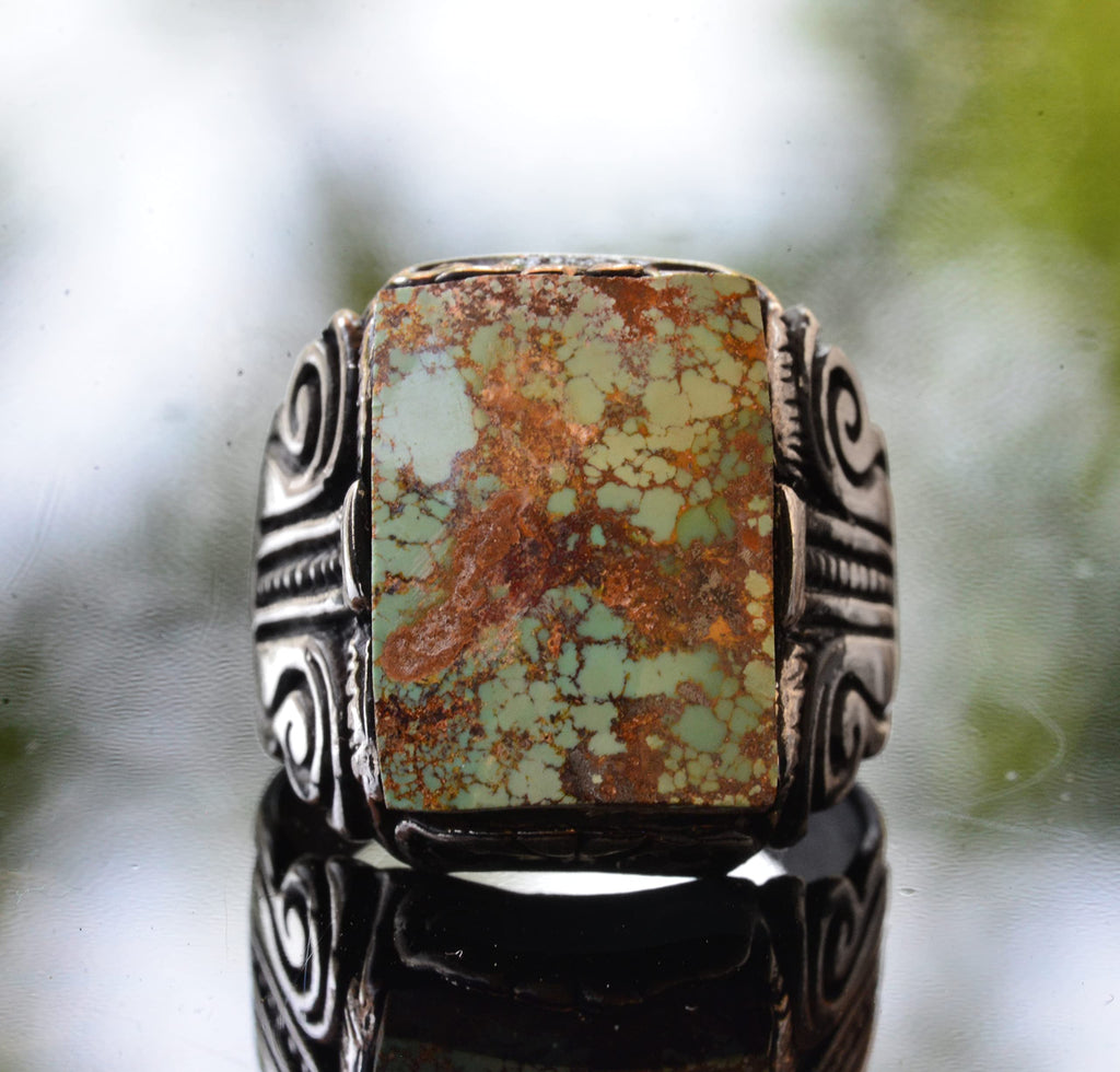 KAMBO Handmade 925 Sterling Silver Men's Ring with Natural Green Turquoise Gemstone, Vintage Statement Jewelry, Bold Des