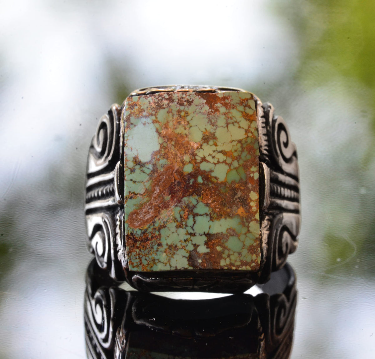 KAMBO Handmade 925 Sterling Silver Men's Ring with Natural Green Turquoise Gemstone, Vintage Statement Jewelry, Bold Des