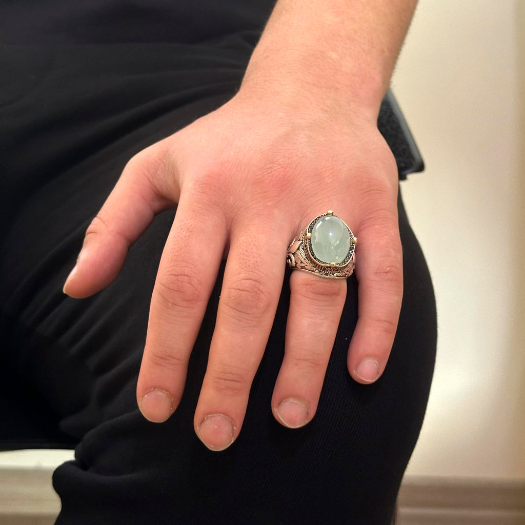 Kambo Handmade Men's Ring in 925 Sterling Silver - Available with Various Natural Gemstones (Cabochon Aquamarine) — 3