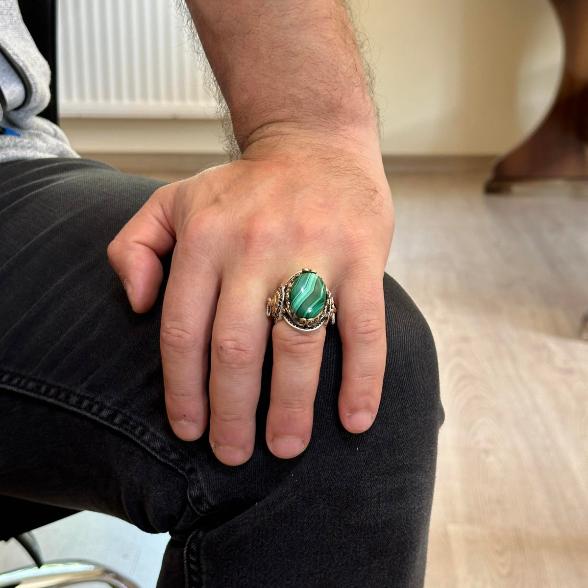 925 Sterling Solid Silver Men's Ring, Natural Malachite Stone Lion Head Ring — 3