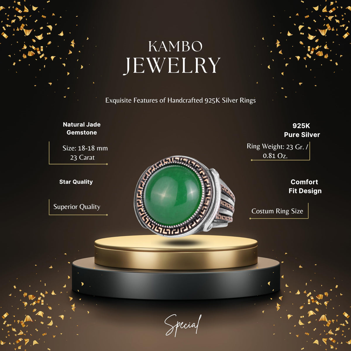 KAMBO Stone Round Men's Ring 925 Sterling Silver – Cabochon Handmade Vintage Greek Pattern Statement Ring (Jade) — 2