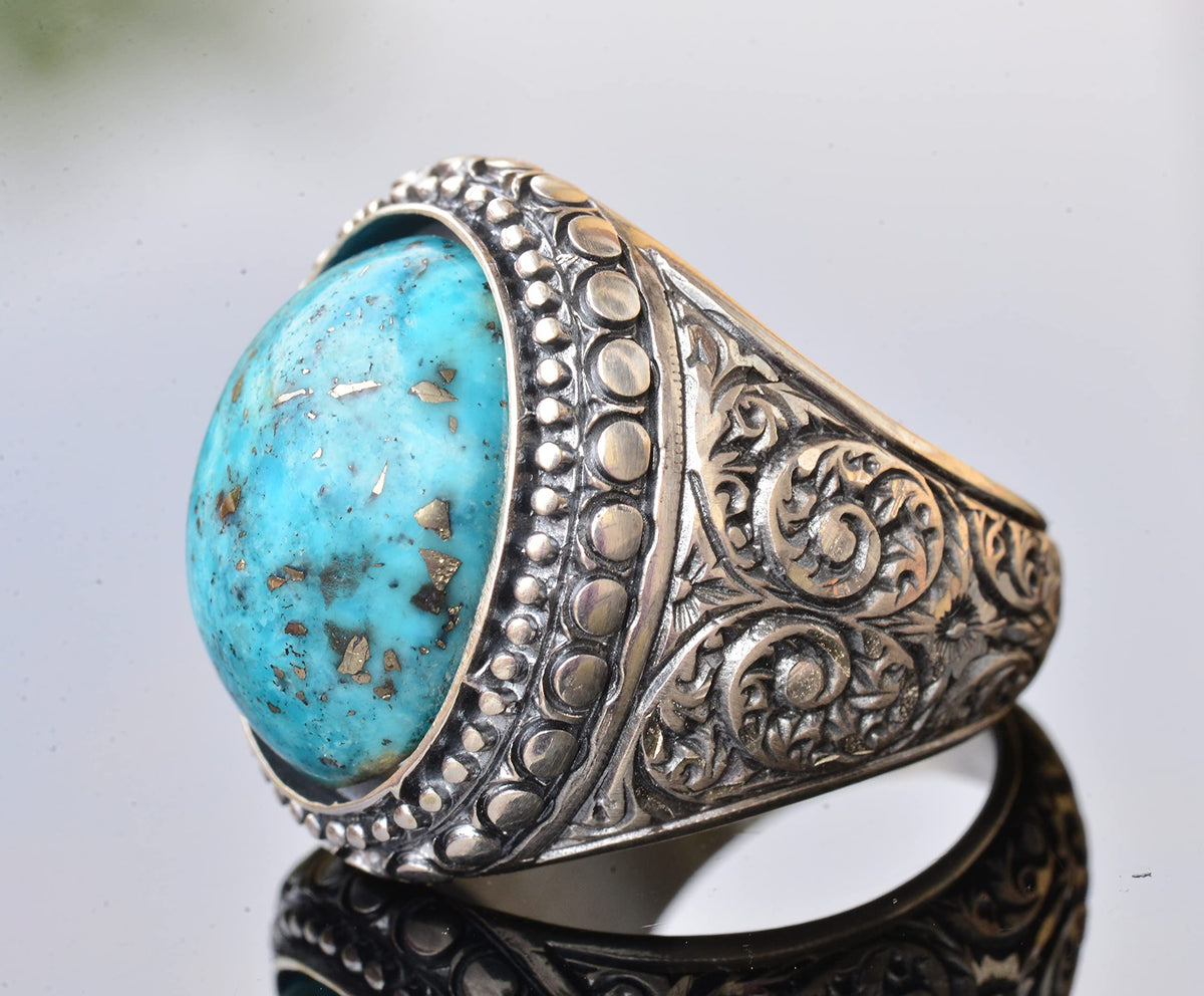 KAMBO Handmade Natural Arizona Turquoise Men's Ring in 925 Sterling Silver with Steel Pen Craft Design Vintage Statement