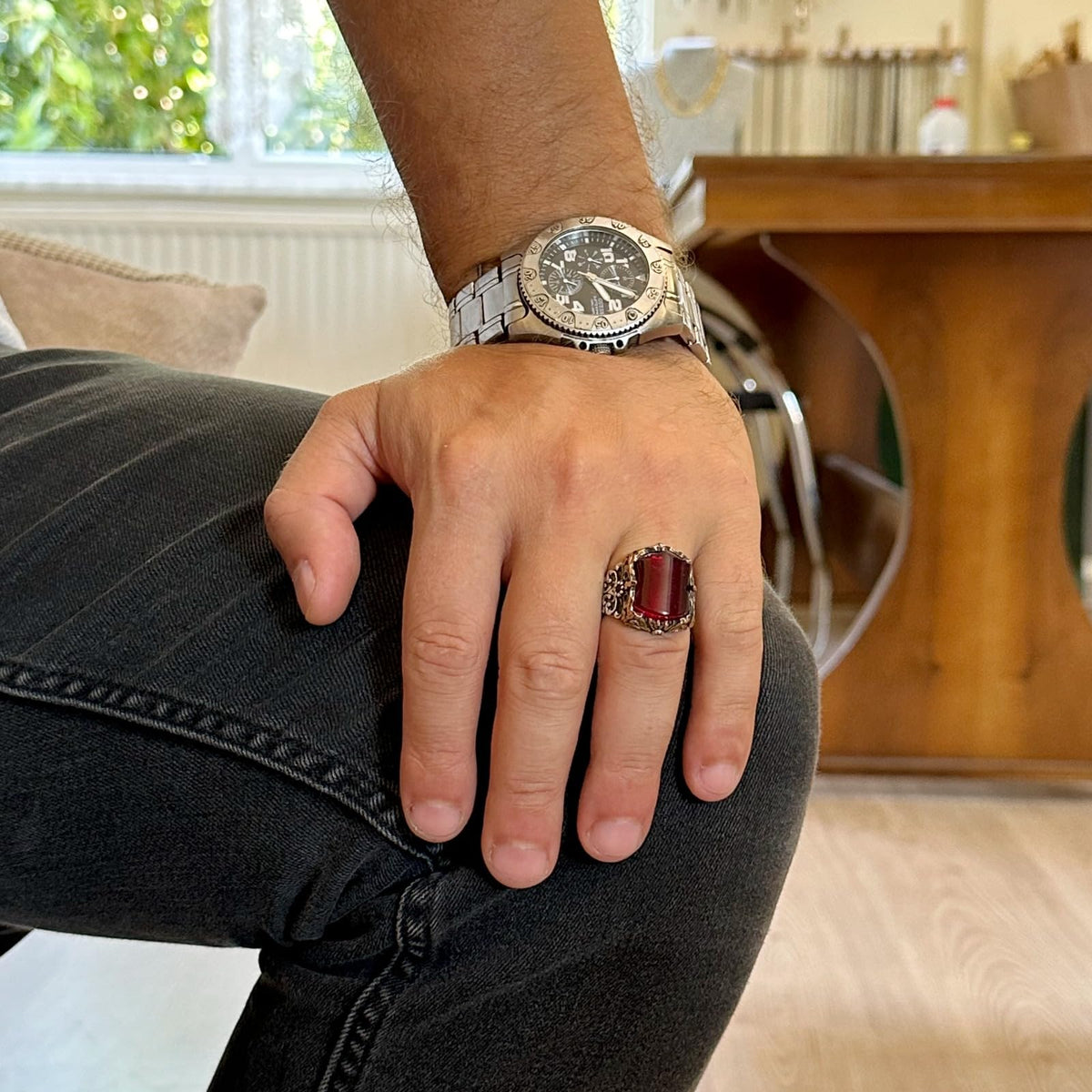 Handmade 925 Sterling Silver Men's Ring - Unique and Original Design (Synthetic Garnet) — 3