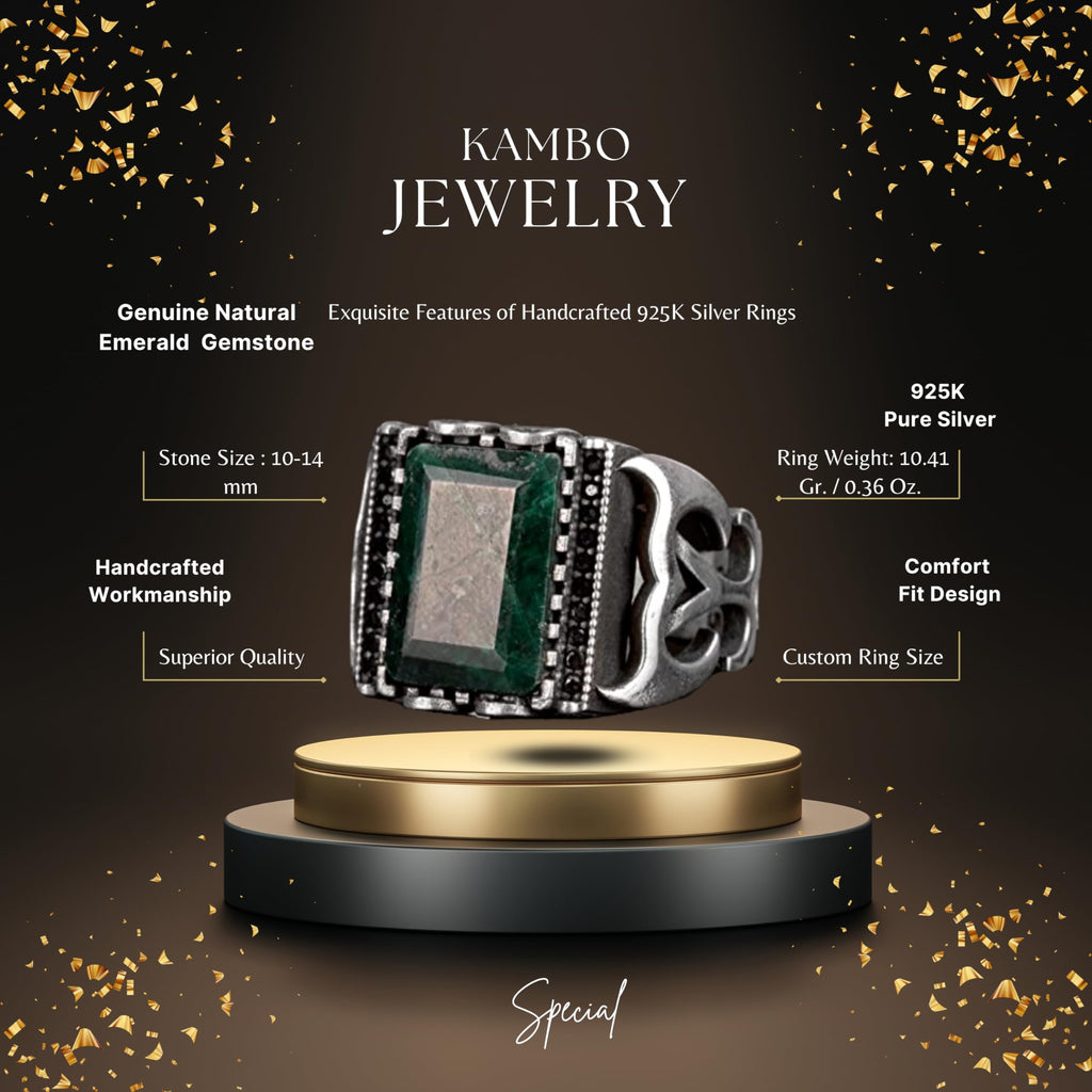 KAMBO Handmade 8.25 Carat Real Genuine Emerald Sterling Silver Ring for Men, Modern Cocktail Statement Birthstone Jewelr