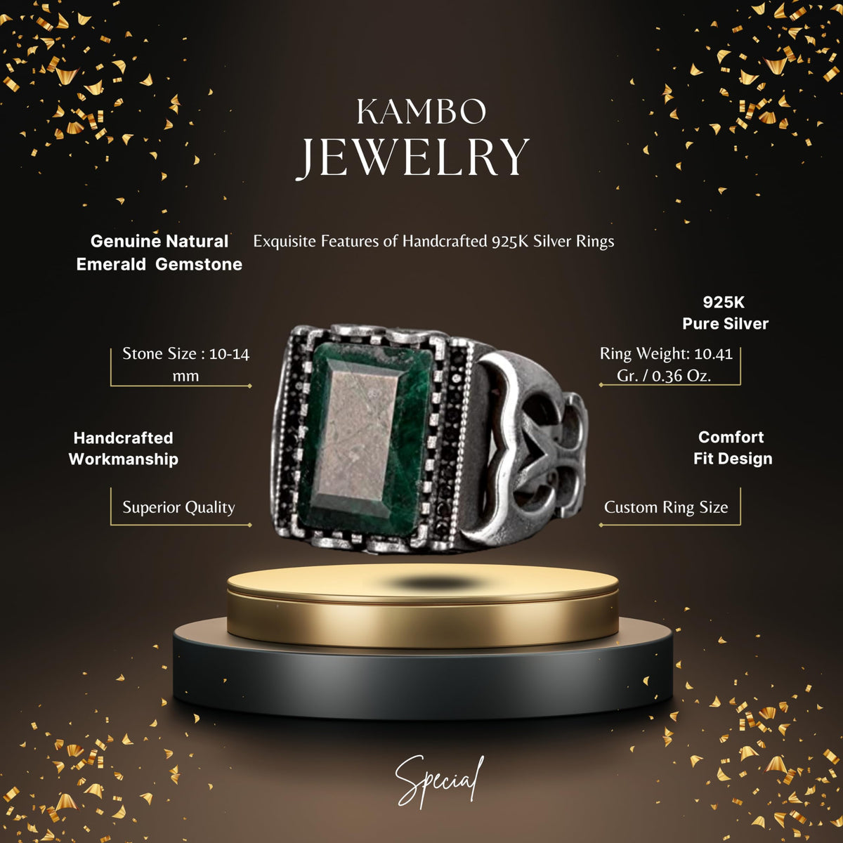 KAMBO Handmade 8.25 Carat Real Genuine Emerald Sterling Silver Ring for Men, Modern Cocktail Statement Birthstone Jewelr