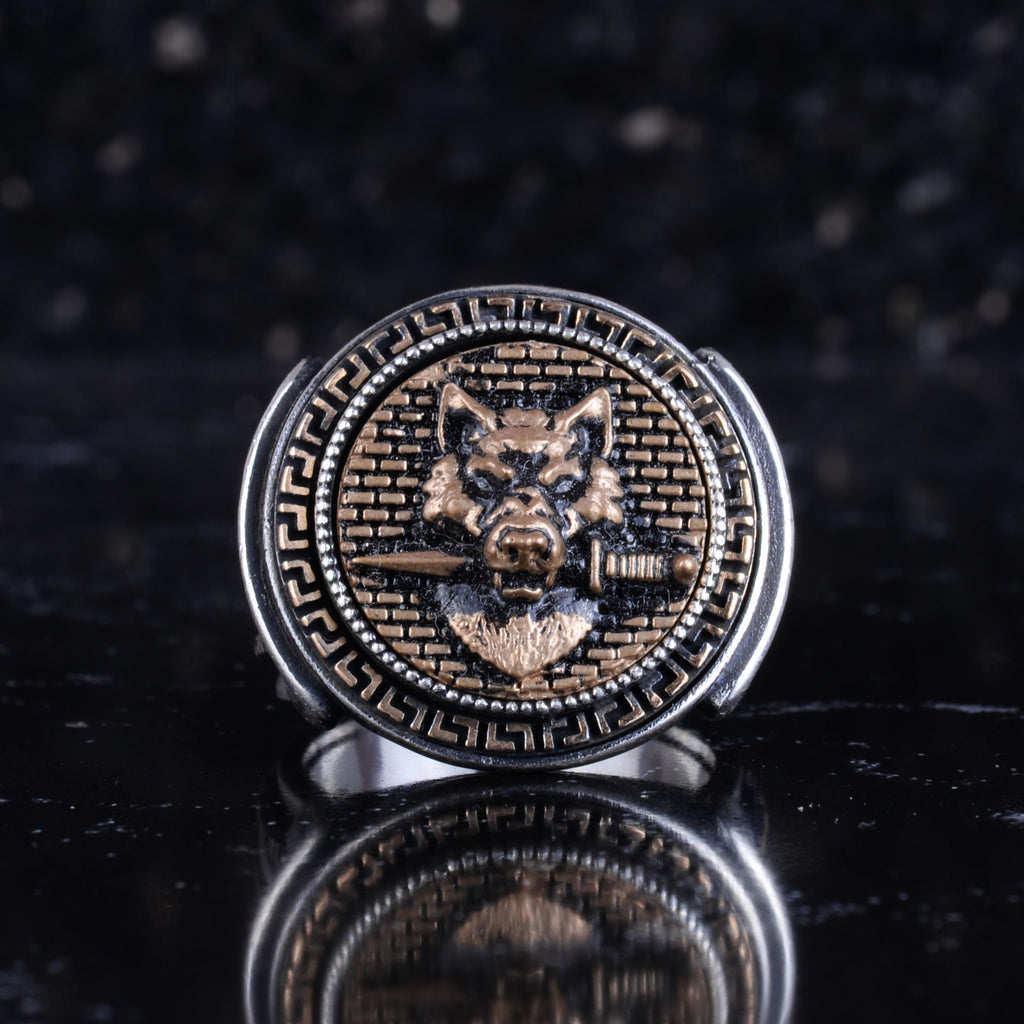 KAMBO Bronze Detailed 925 Sterling Silver Men's Ring Handmade Vintage Symbolic Statement Ring (Wolf Head) — 4